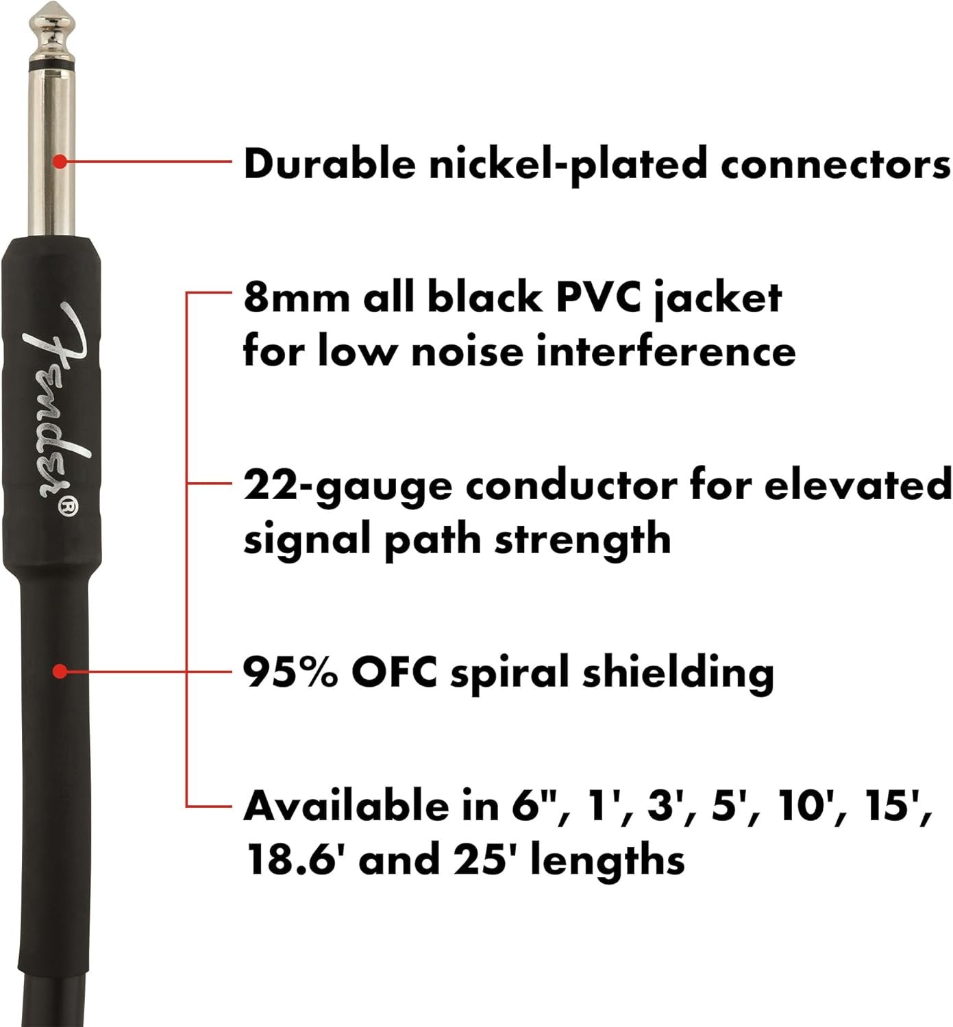 Fender Professional Series Instrument Cable, Guitar Cable, Guitar Accessories, Straight/Straight, Black, 15ft