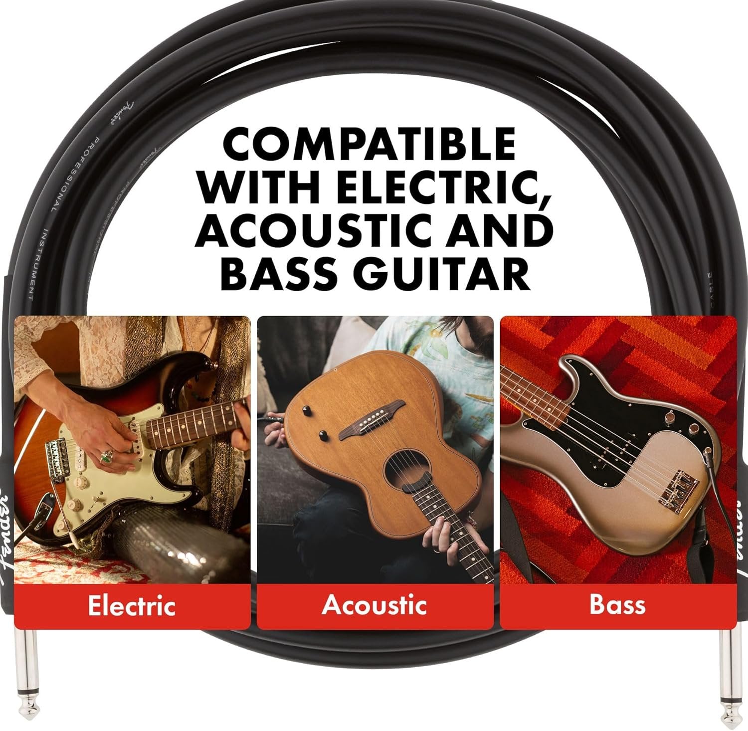 Fender Professional Series Instrument Cable, Guitar Cable, Guitar Accessories, Straight/Straight, Black, 15ft
