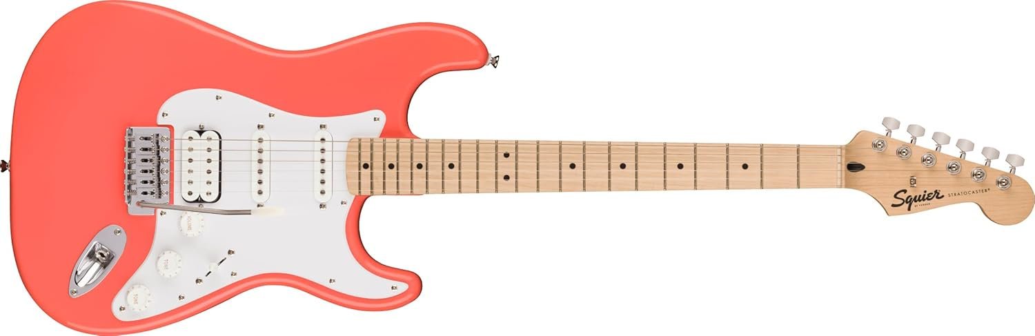 Squire Sonic Stratocaster Electric Guitar, Tahitian Coral, Maple Fingerboard, White Pickguard