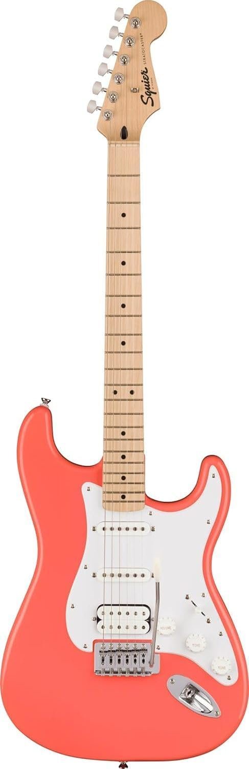 Squire Sonic Stratocaster Electric Guitar, Tahitian Coral, Maple Fingerboard, White Pickguard
