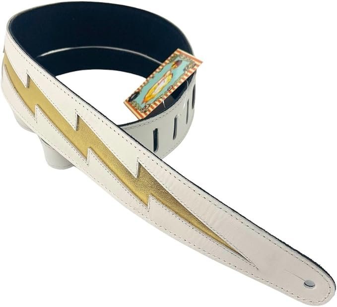 Henry Heller Bolt Series Garment Leather Guitar Strap, Bone with Long Gold Bolt, 2" Wide, Suede Backing
