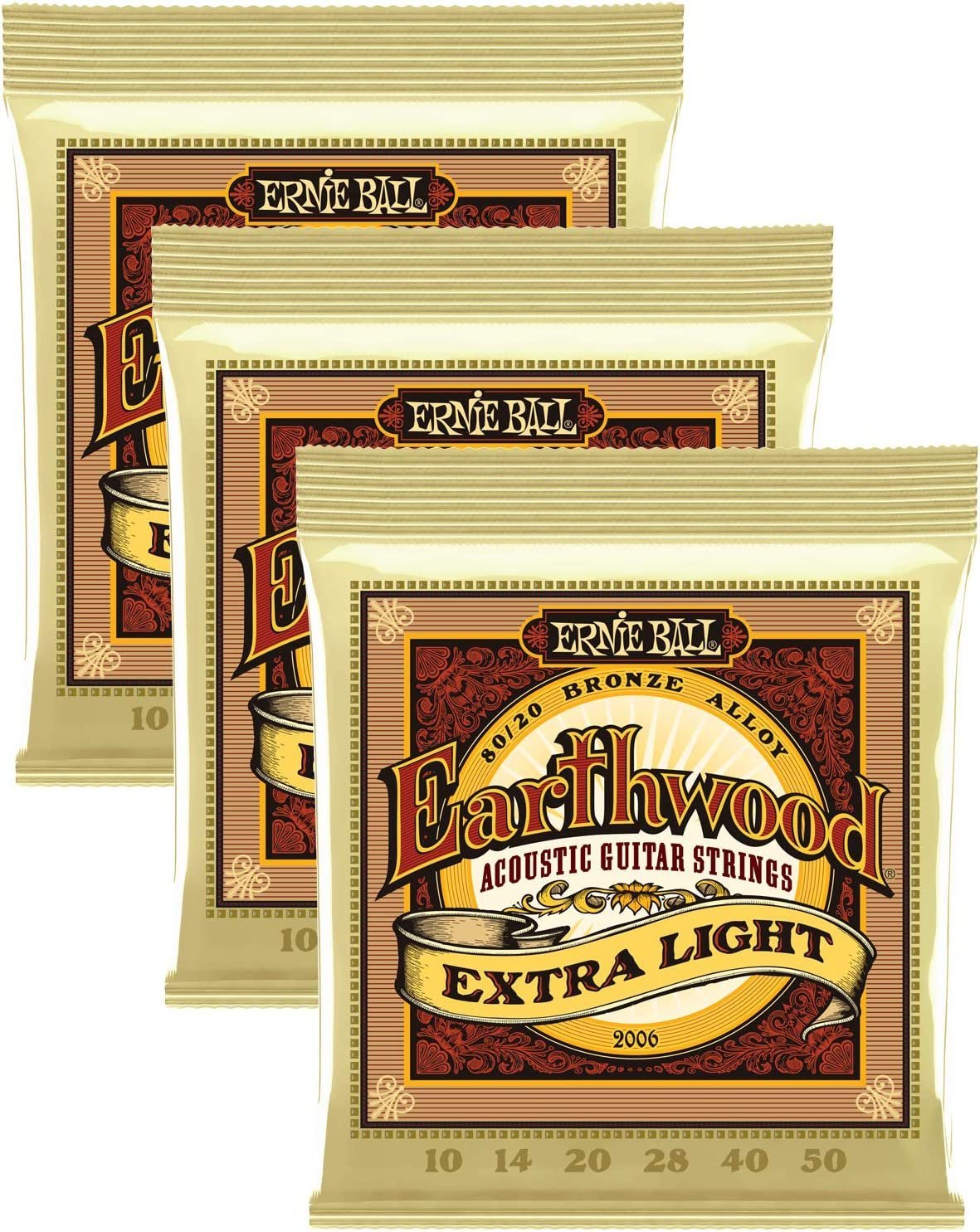 3 Pack | Ernie Ball Guitar Strings | Acoustic | Earthwood | Extra Light 10-50