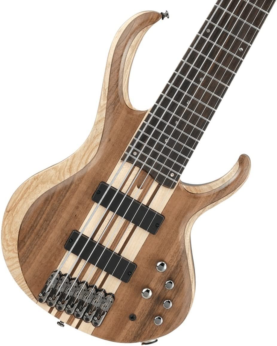 Ibanez BTB747 7 string Electric Bass Guitar with Mahogany-backed Ash Wings, Walnut Top2 Humbucking Pickups and 3-band Active EQ - Natural Flat Low Gloss