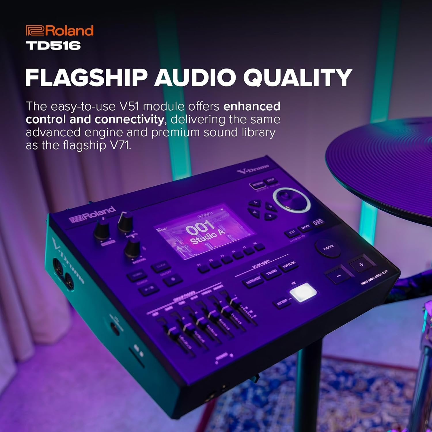 Roland TD516 V-Drums | Compact 5 Series Mid-Level V-Drum Kit | V51 Sound Module | Advanced Sound Technology | Upgraded Pads | Flagship-Grade Features | Integrated Coach Mode