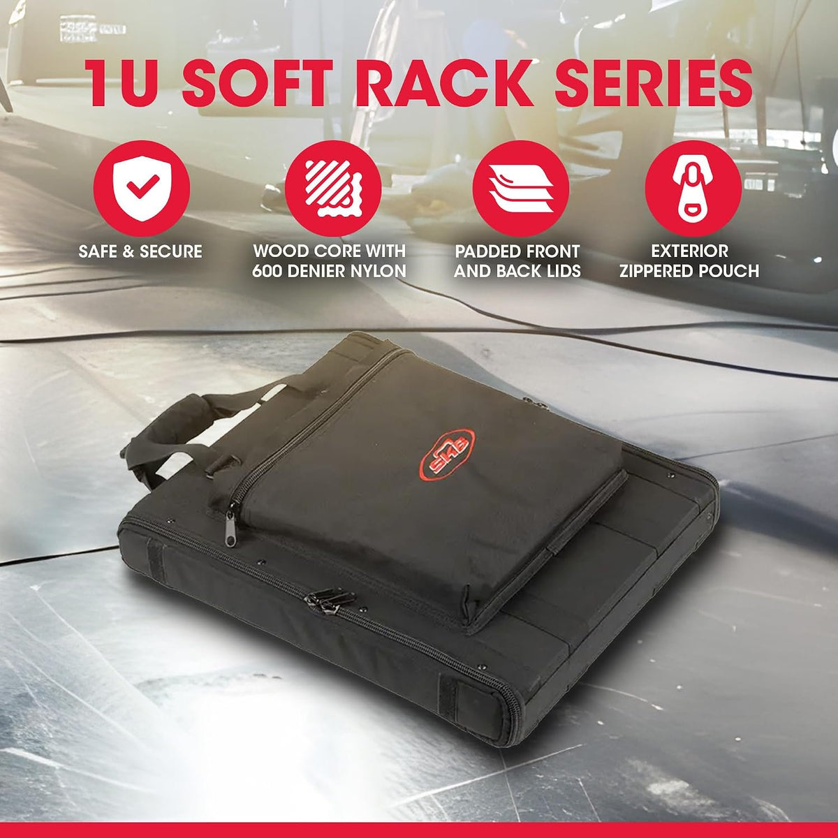 SKB 1U Soft Rack Case, Steel Rails, Heavy Duty zippers, outer pocket, Shoulder straps