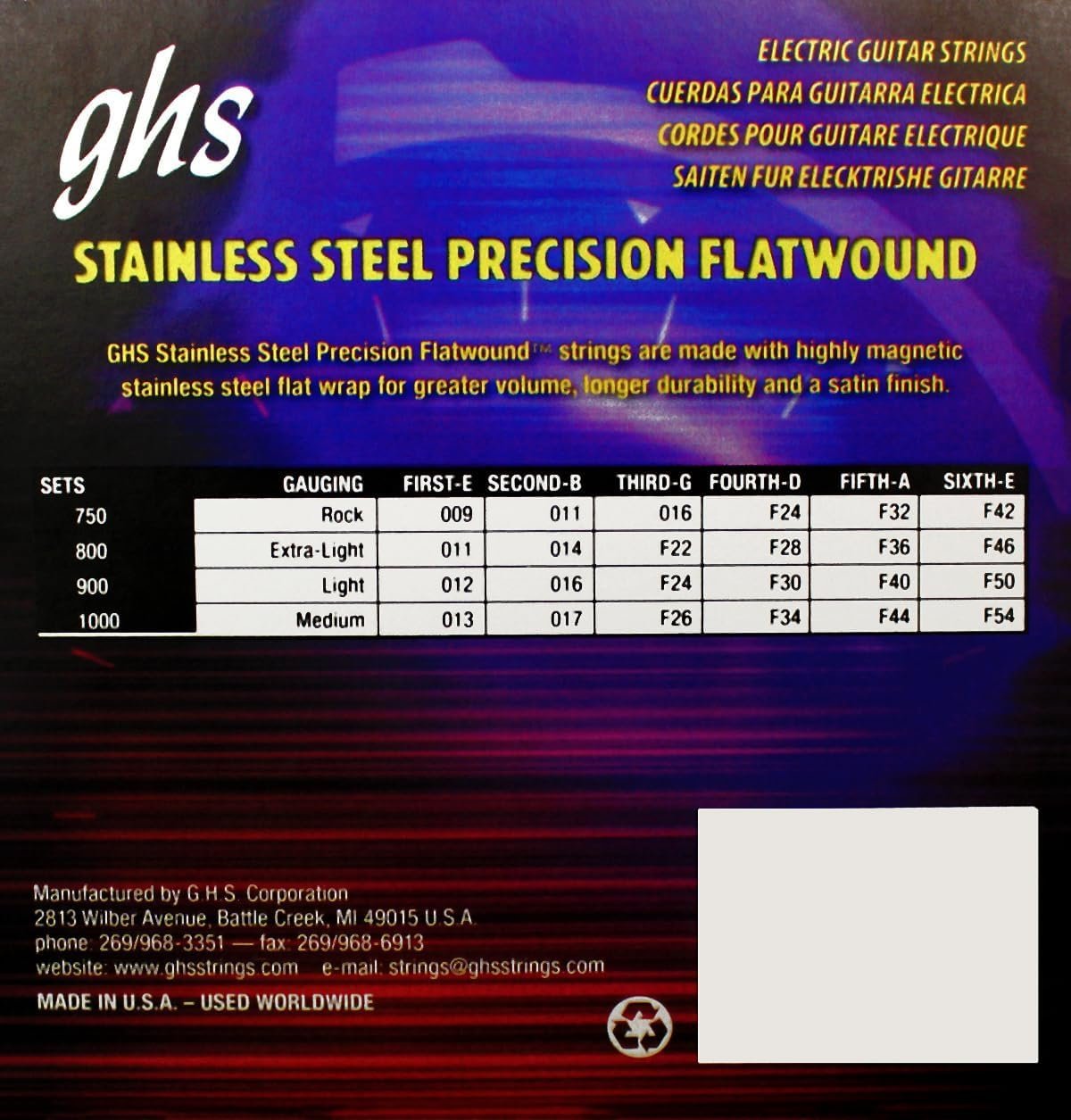 GHS Strings Stainless Steel Precision Flatwound Electric Guitar Strings, Extra Light, 11-46 - Model: 800 SET