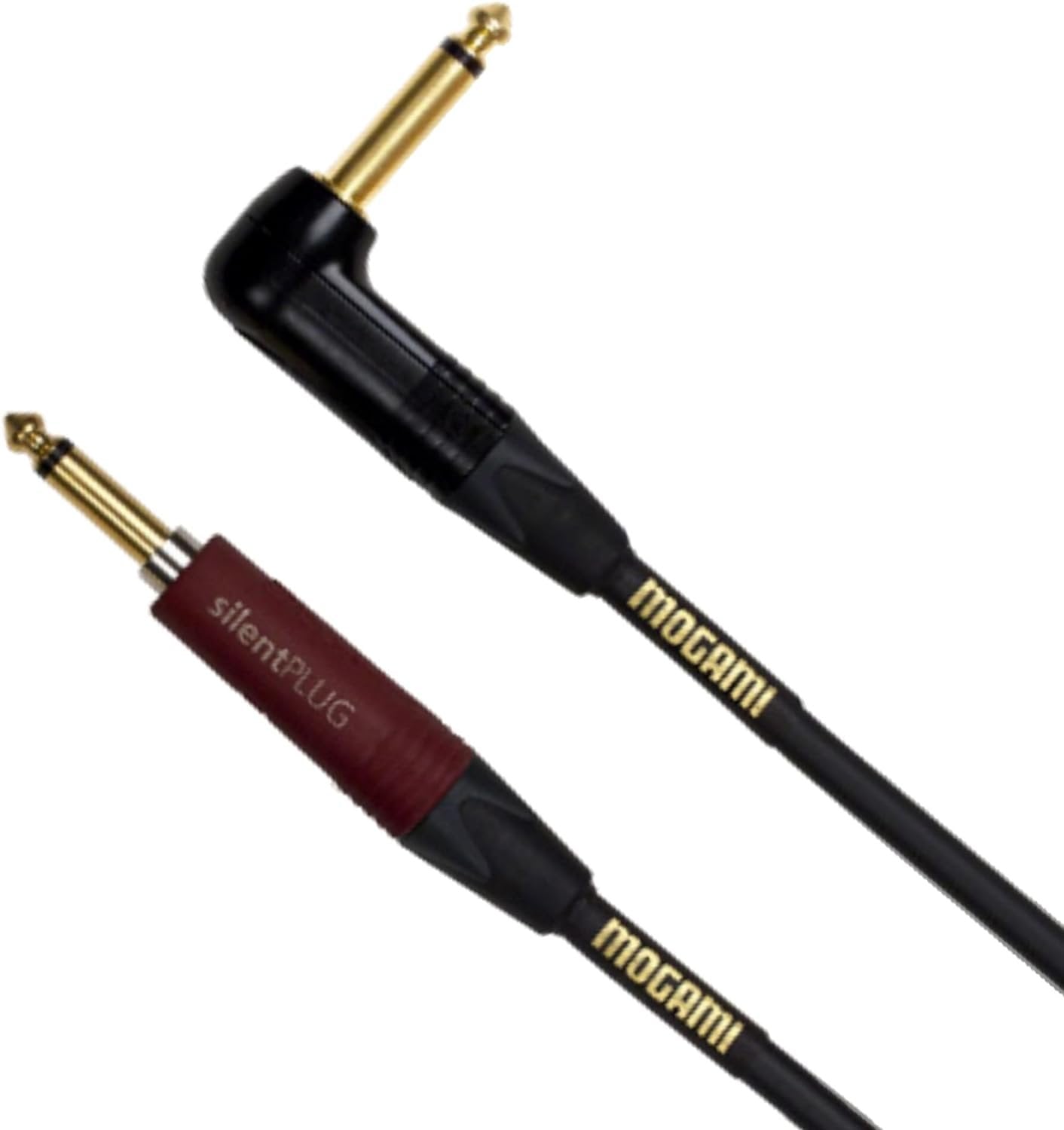 Mogami Gold INST Silent S-18R Guitar Instrument Cable, 1/4" TS Male Plugs, Gold Contacts, Straight silentPLUG to Right Angle Connectors, 18 Foot.