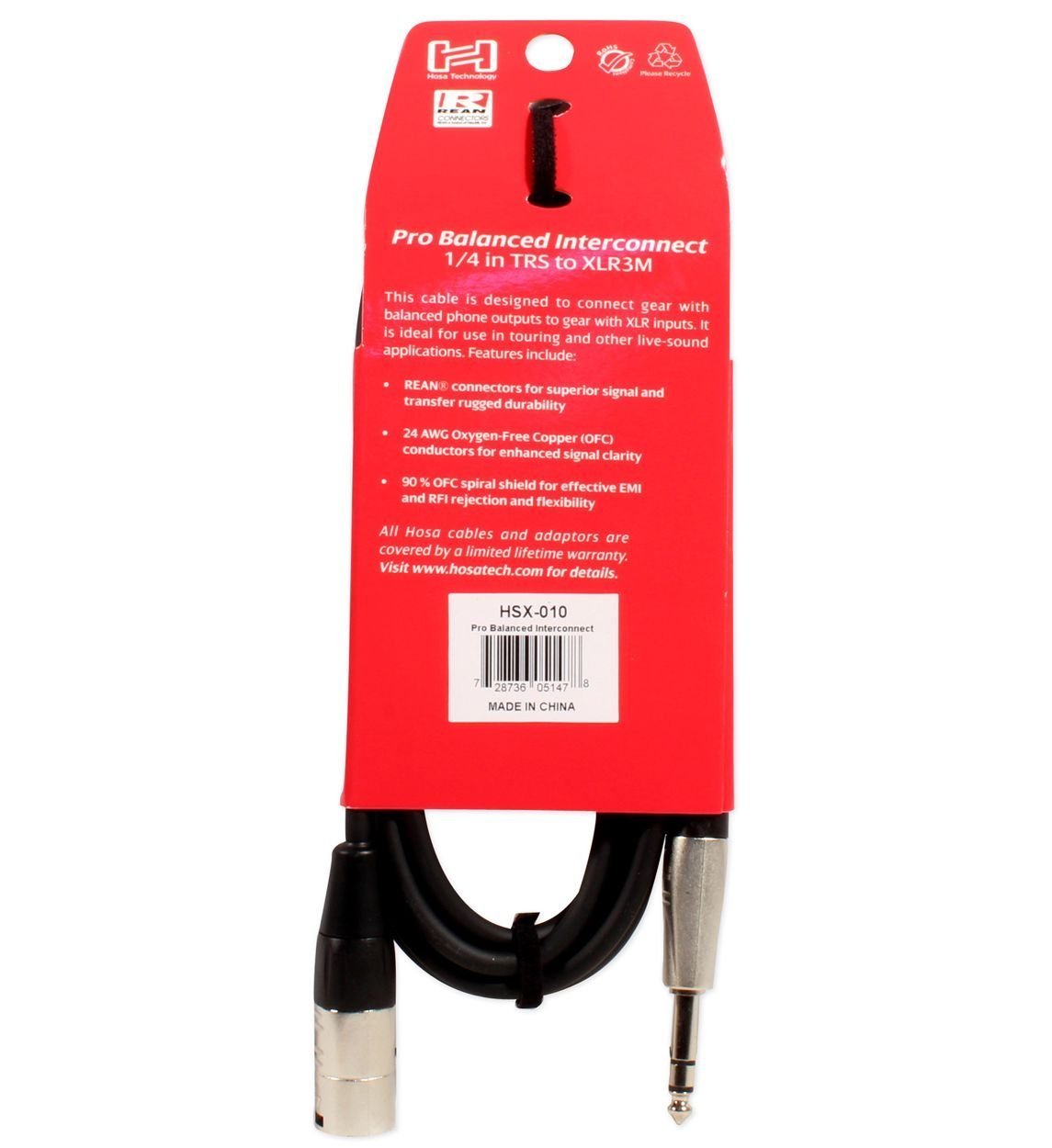 Hosa HSX-010 REAN 1/4" TRS to XLR3M Pro Balanced Interconnect Cable, 10 Feet