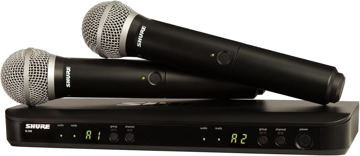 Shure BLX288/PG58 Wireless Microphone System - 14-Hour Battery Life, 300 ft Range, UHF | Includes (2) PG58 Handheld Vocal Mics, Dual Channel Receiver | H10 Band (BLX288/PG58-H10)