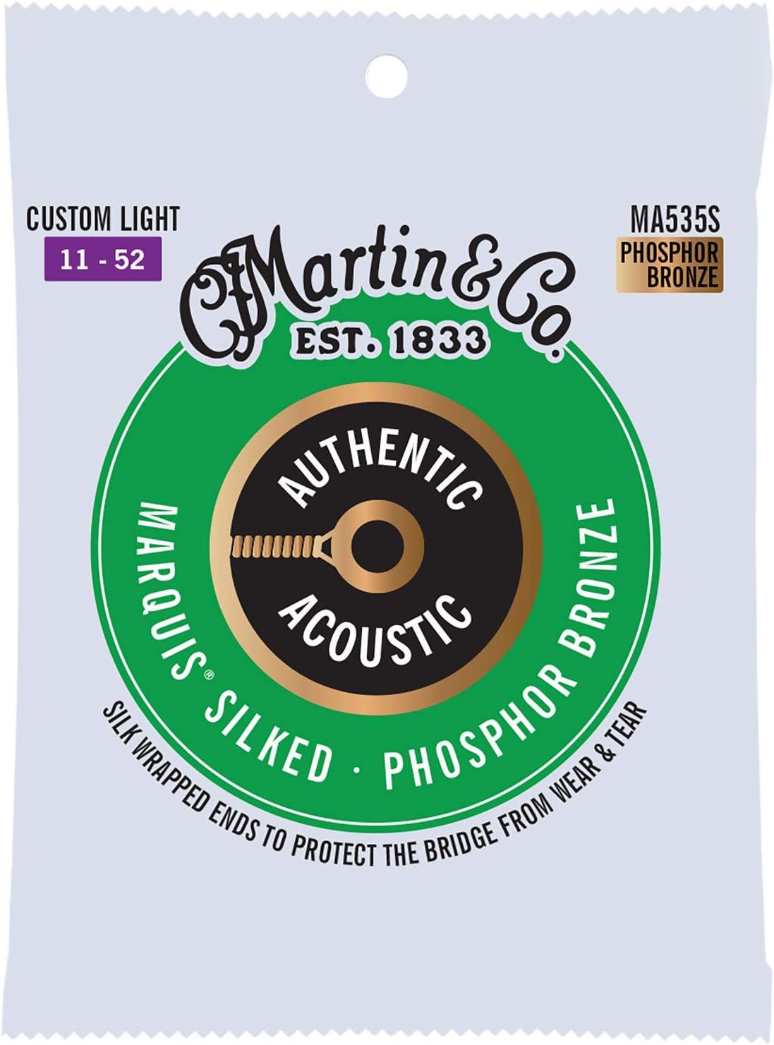 Martin Authentic Acoustic® Marquis® Silked Guitar Strings – Phosphor Bronze, Custom Light Gauge | Warm, Balanced Tone with Bridge Protection | Silk-Wrapped Ball Ends