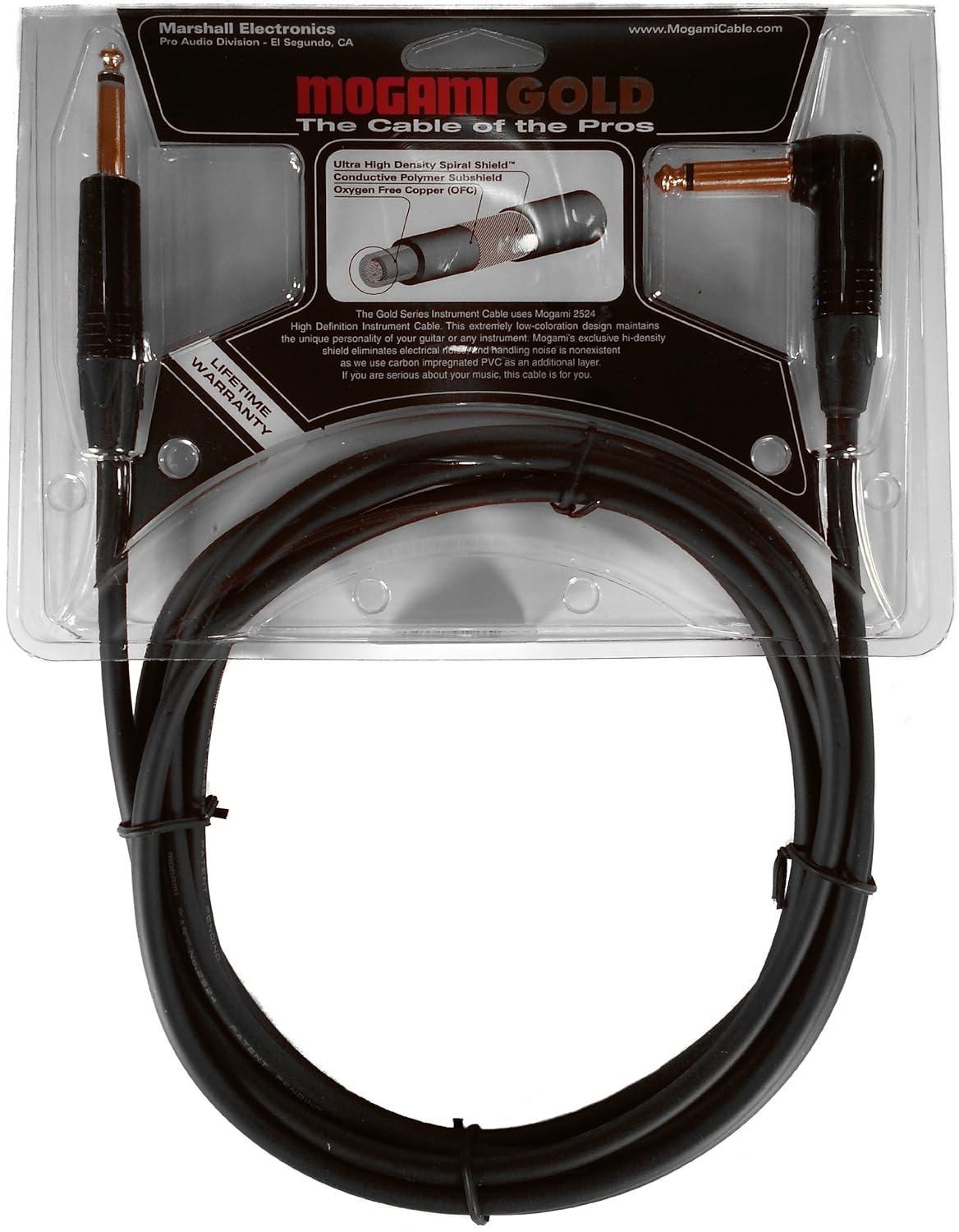 Mogami Gold INSTRUMENT-10R Guitar Instrument Cable, 1/4" TS Male Plugs, Gold Contacts, Right Angle and Straight Connectors, 10 Foot