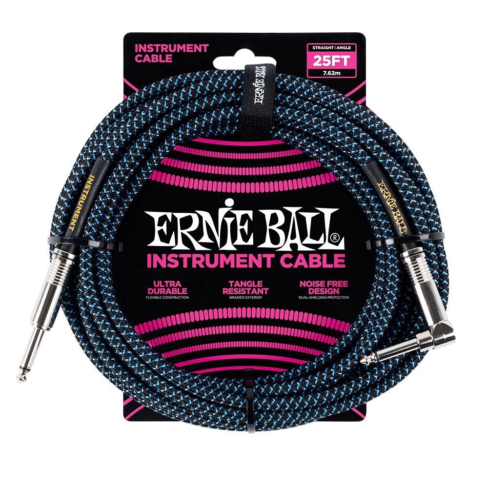 Ernie Ball Braided Instrument Cable, Straight/Angle, 25ft, Blue/Black (P06060)