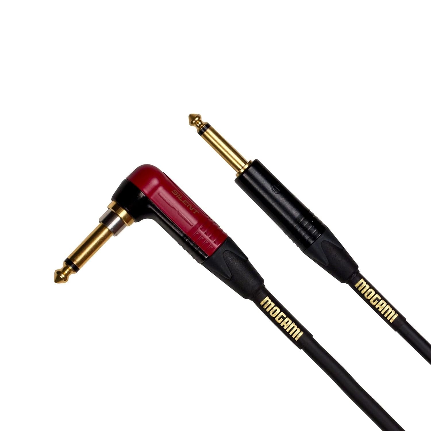 Mogami Gold INST Silent R-25 Guitar Instrument Cable, 1/4" TS Male Plugs, Gold Contacts, Right Angle silentPLUG to Straight Connectors, 25 Foot.