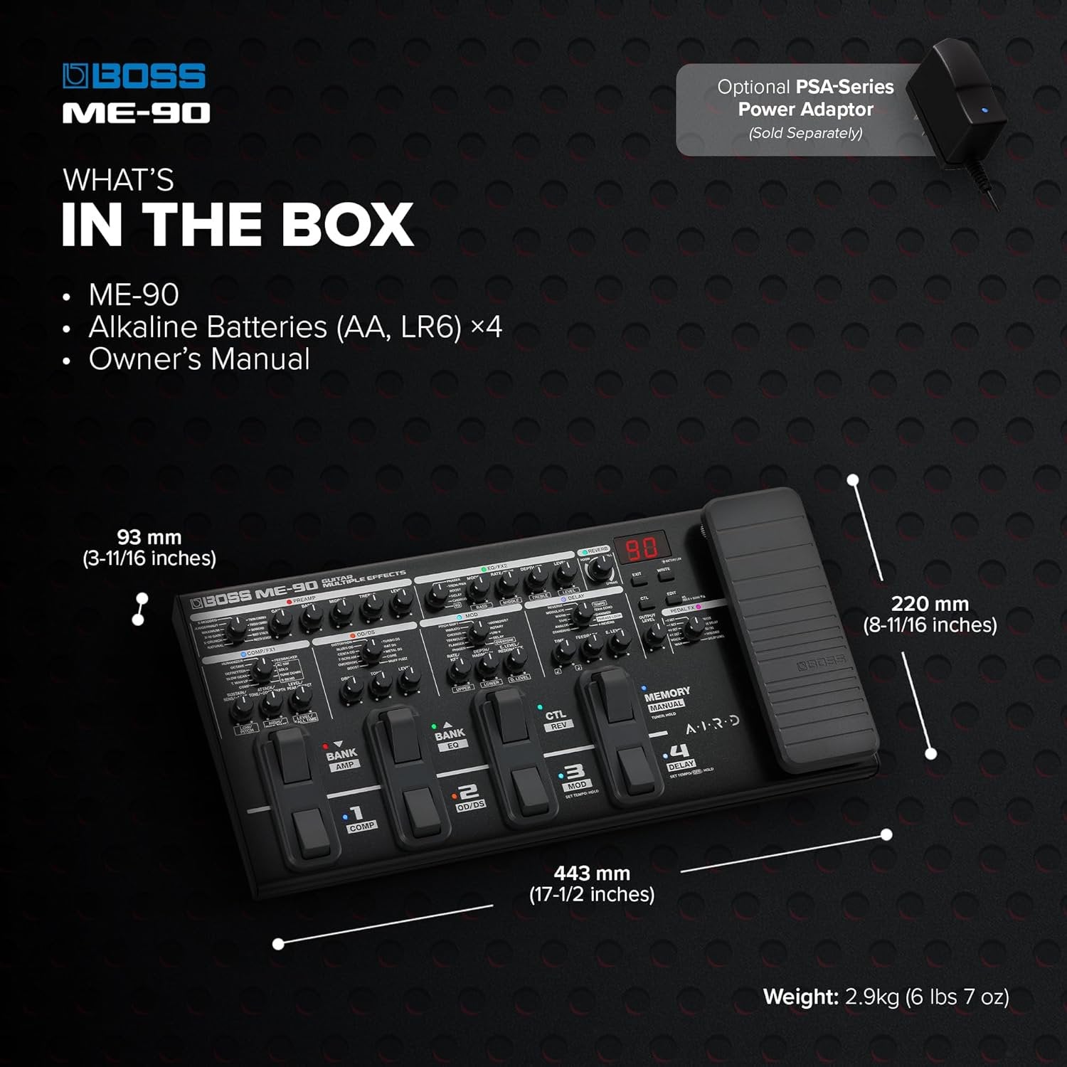 BOSS ME-90 Guitar Multi-Effects | All-In-One Guitar Processor | 11 Onboard AIRD Amp Models | 60 Effects derived from the GT-1000 | 8 Multi-Function Footswitches & Redesigned Expression Pedal