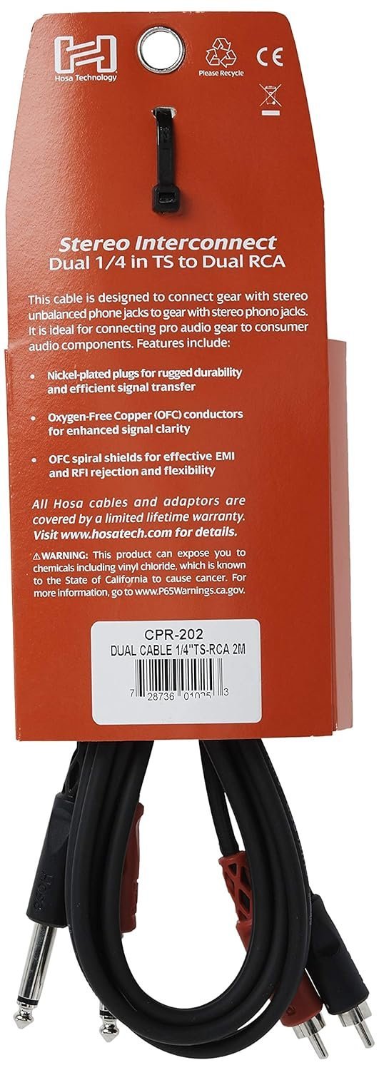 Hosa CPR-202 Dual 1/4" TS to Dual RCA Stereo Interconnect Cable, 2 Meters, 6.6 Feet, Black