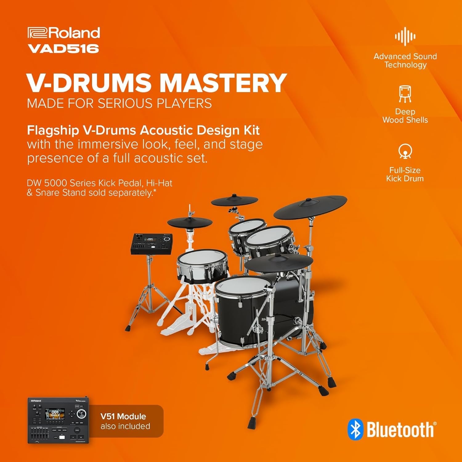 Roland VAD516 V-Drums | 5 Series Flagship V-Drum Kit | V51 Sound Module | Advanced Sound Technology Full-Depth Wood Shell Kit | Studio-Ready Connectivity | Premium Sensor Design