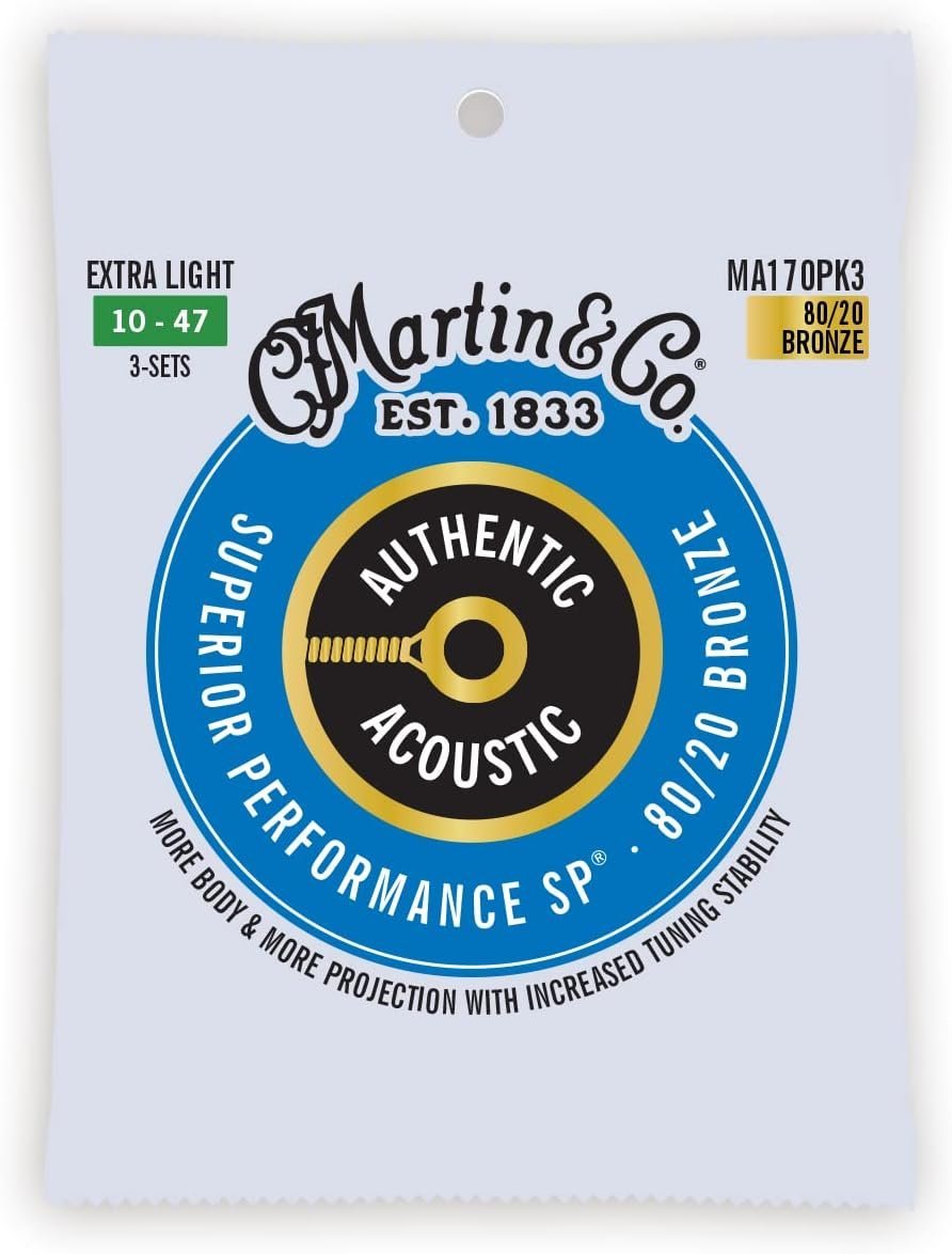 Martin Authentic Acoustic Guitar Strings, Superior Performance Extra Light 10-47 80/20 Bronze, 3 Pack