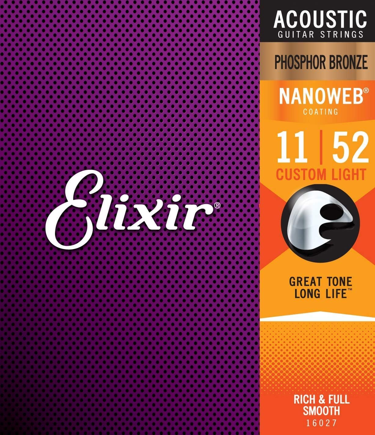 Elixir Strings Phosphor Bronze Acoustic Guitar Strings w NANOWEB Coating, Custom Light (.011-.052)