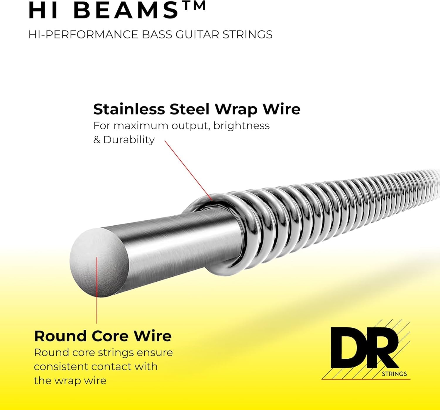 DR Strings HI-BEAMS - Stainless Steel 5-String Bass Guitar Strings, 45-125, Round Core