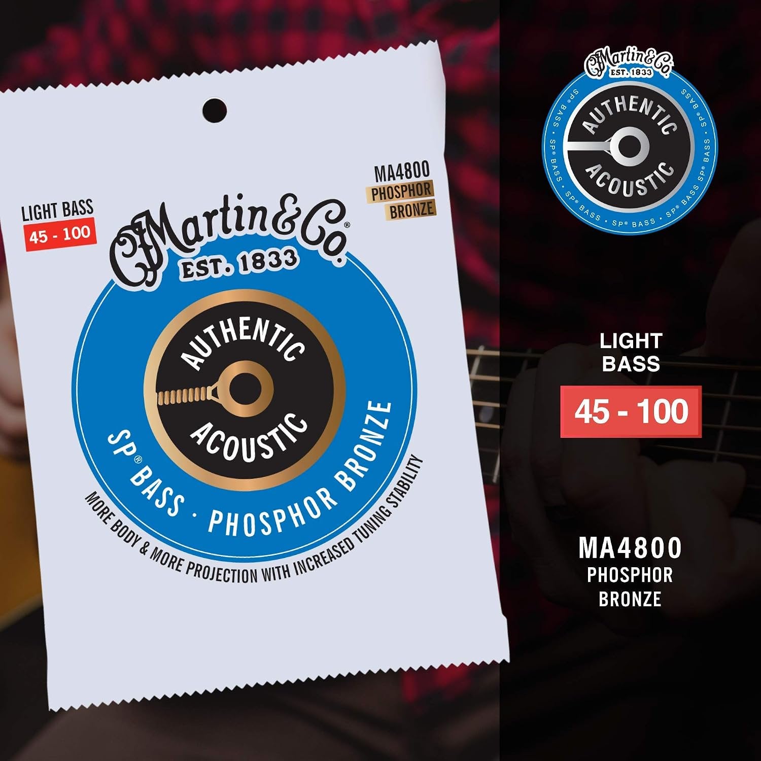 Martin Authentic Acoustic® SP® Bass Strings – Phosphor Bronze, Light Gauge | Long-Lasting Tone, Corrosion Resistance & Tuning Stability | 4-String Acoustic Bass Set