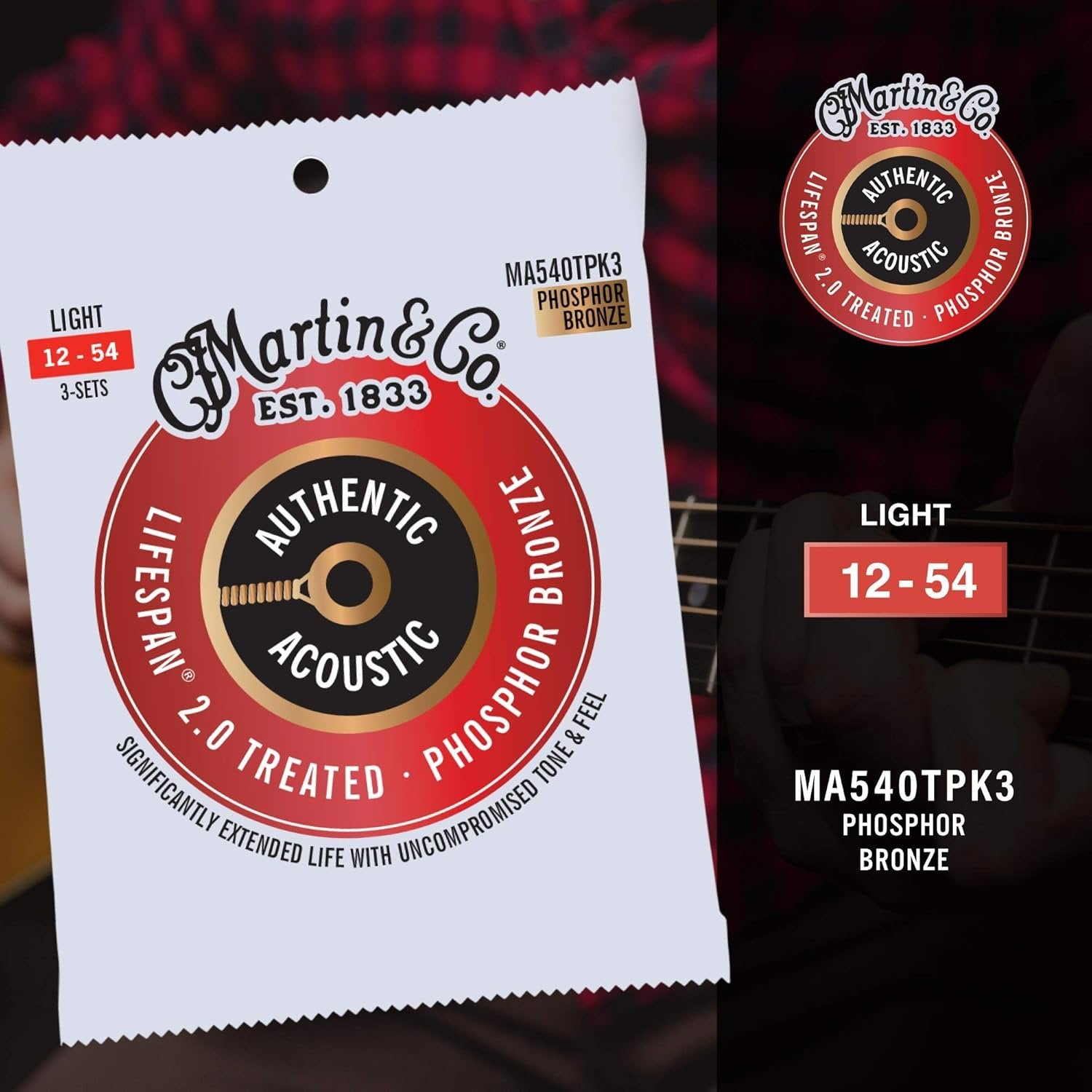 Martin Authentic Acoustic Guitar Strings - 3 Pack - Lifespan 2.0 Treated 92/8 Light
