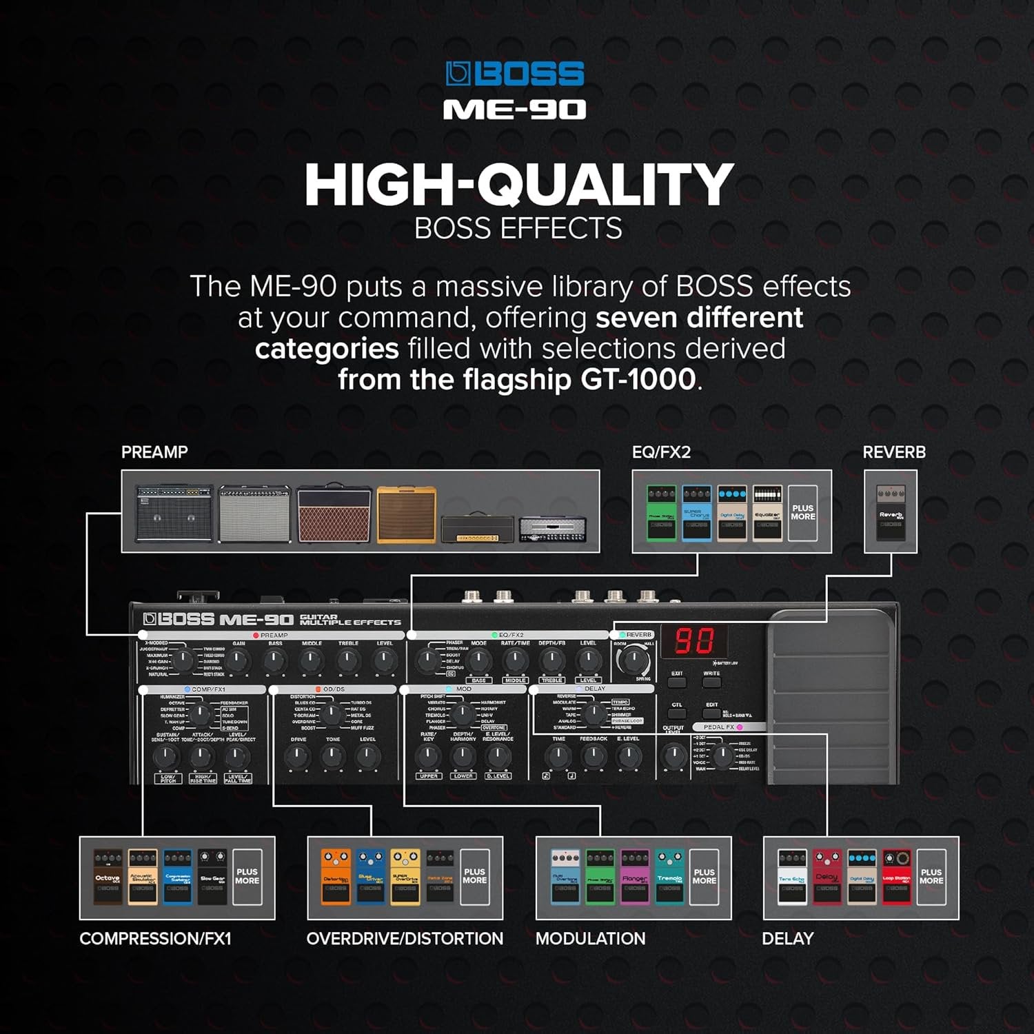 BOSS ME-90 Guitar Multi-Effects | All-In-One Guitar Processor | 11 Onboard AIRD Amp Models | 60 Effects derived from the GT-1000 | 8 Multi-Function Footswitches & Redesigned Expression Pedal