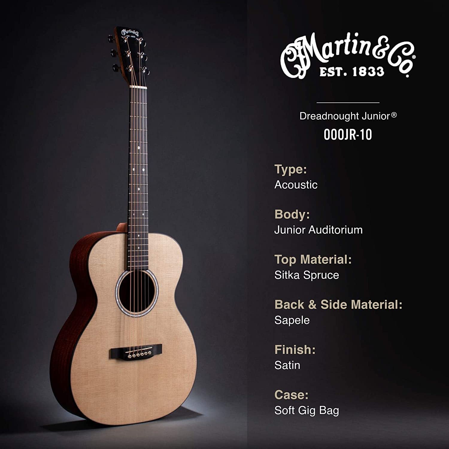 Martin Guitar 000Jr-10 Junior Acoustic Guitar with Gig Bag, Sitka Spruce Construction, Satin Finish, 000 Junior-14 Fret, and Junior Neck Shape