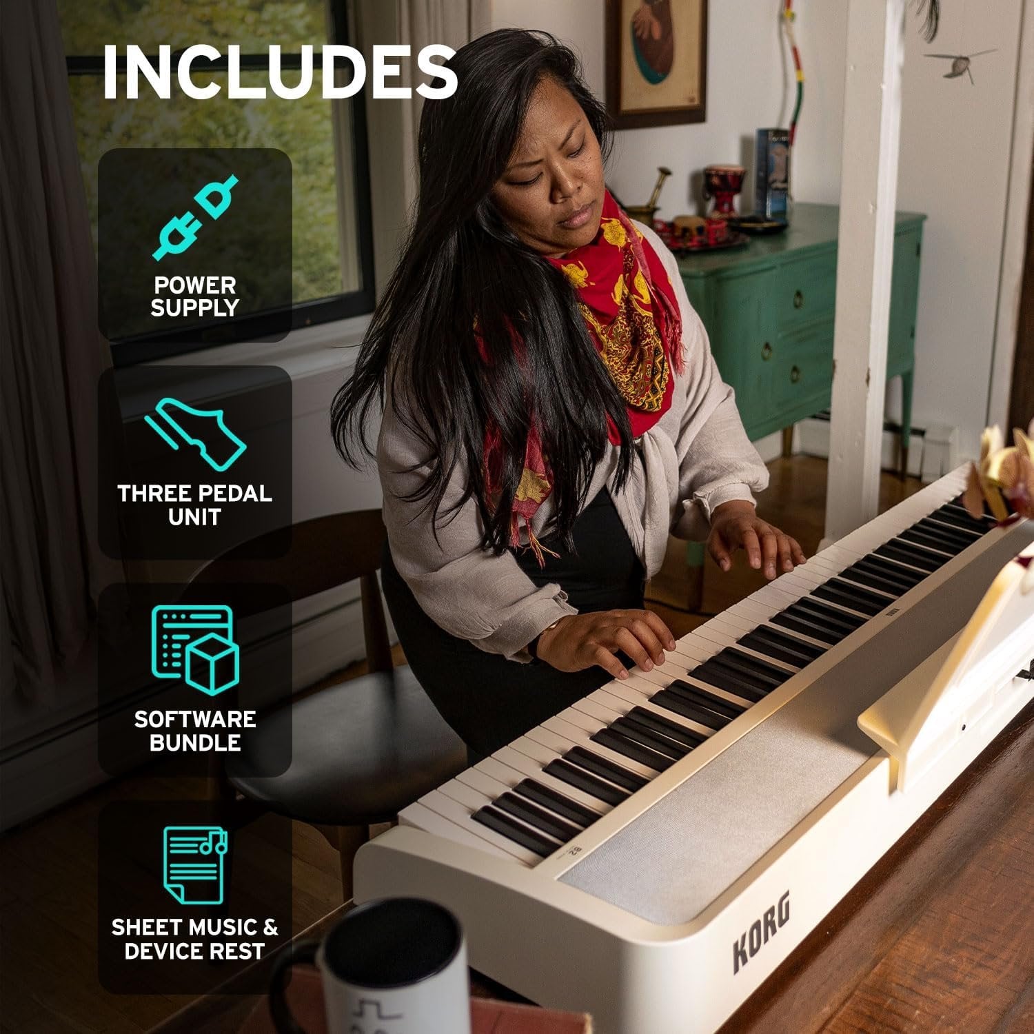 KORG B2 Portable Digital Piano with 88-Key Full Size Weighted Keyboard, Built-in Speakers, Music Stand, Sustain Pedal, and Power Supply (B2WH)