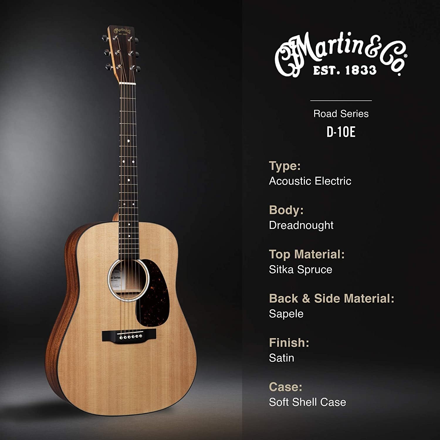 Martin Guitar Road Series D-10E Acoustic-Electric Guitar with Gig Bag, Sitka Spruce and Sapele Construction, D-14 Fret and Performing Artist Neck Shape with High-Performance Taper