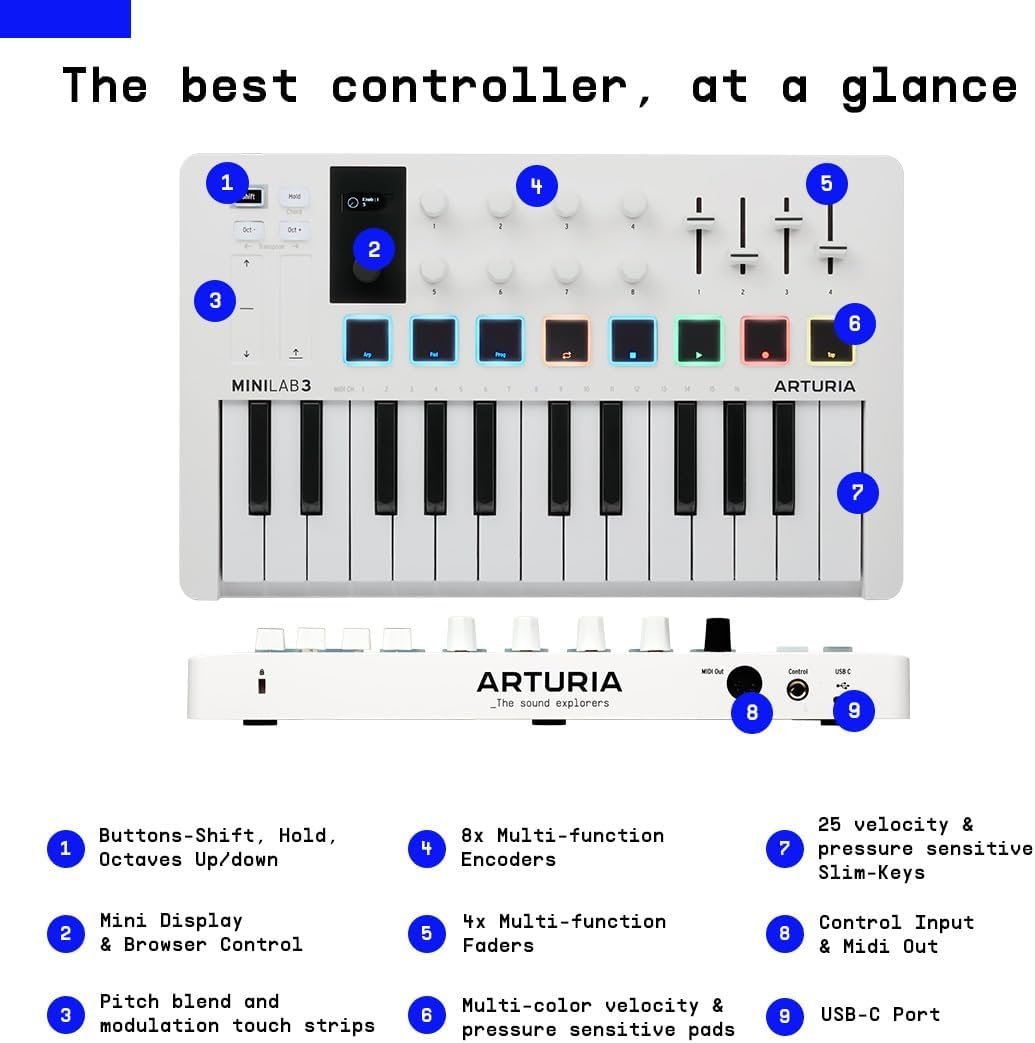 Arturia MiniLab 3 - Universal MIDI Controller for Music Production, with All-in-One Software Package - 25 Keys, 8 Multi-Color Pads - White