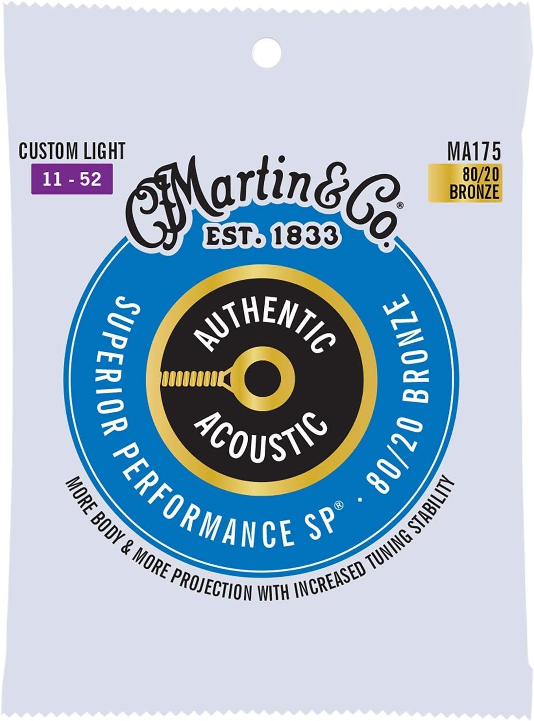 Martin Authentic Acoustic Guitar Strings, Superior Performance Custom Light 11-52, 80/20 Bronze
