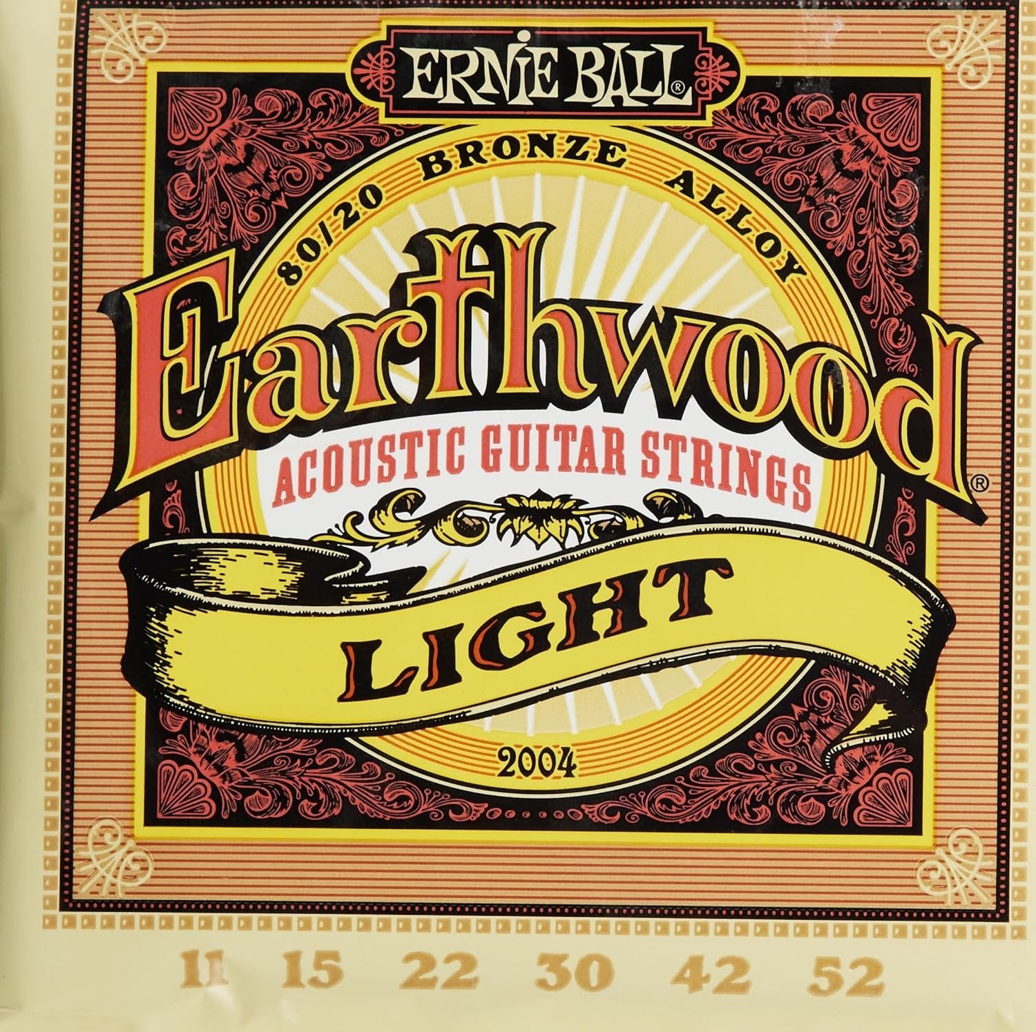 Ernie Ball Earthwood Light 80/20 Bronze Acoustic Guitar Strings, 11-52 Gauge (P02004)