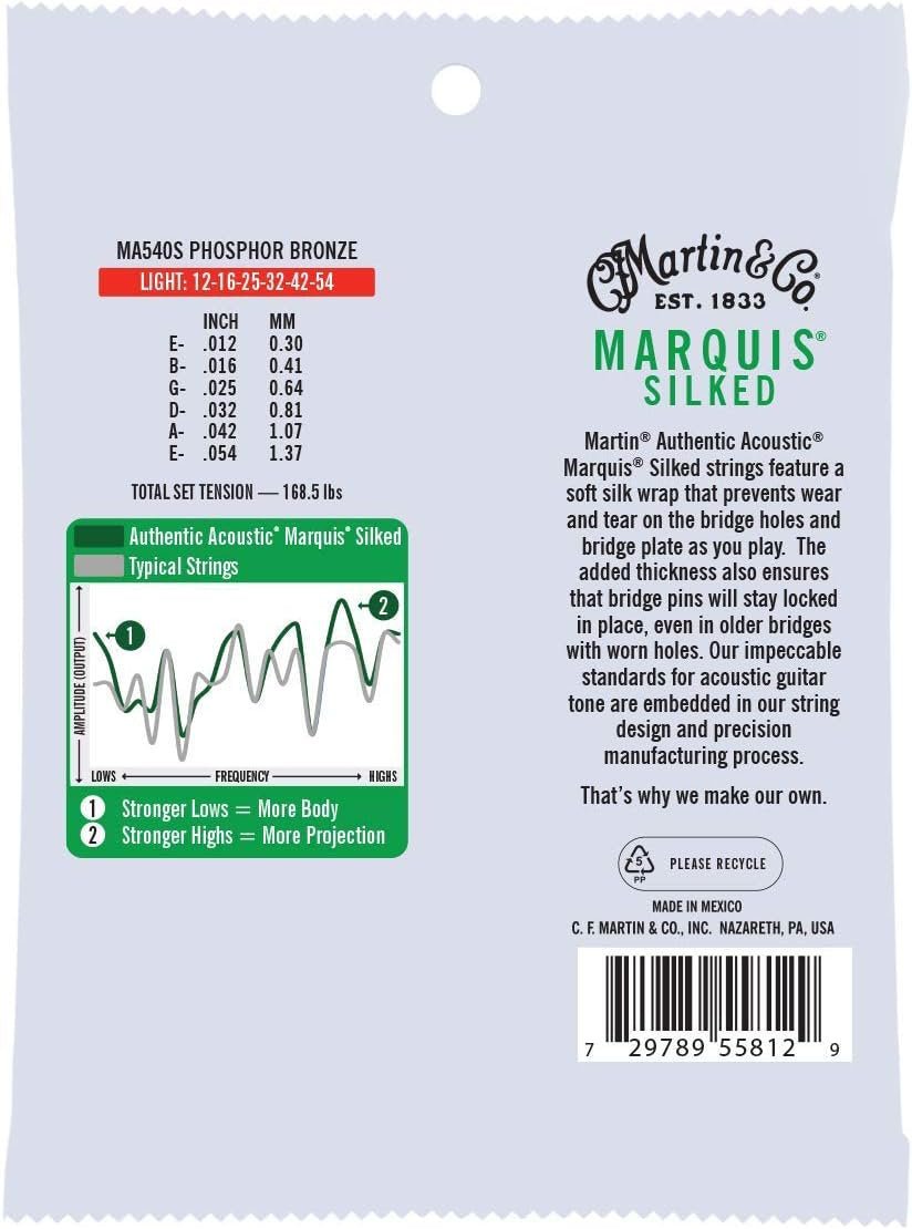 Martin Authentic Acoustic® Marquis® Silked Guitar Strings – Phosphor Bronze, Light Gauge | Warm, Balanced Tone with Bridge Protection | Silk-Wrapped Ball Ends