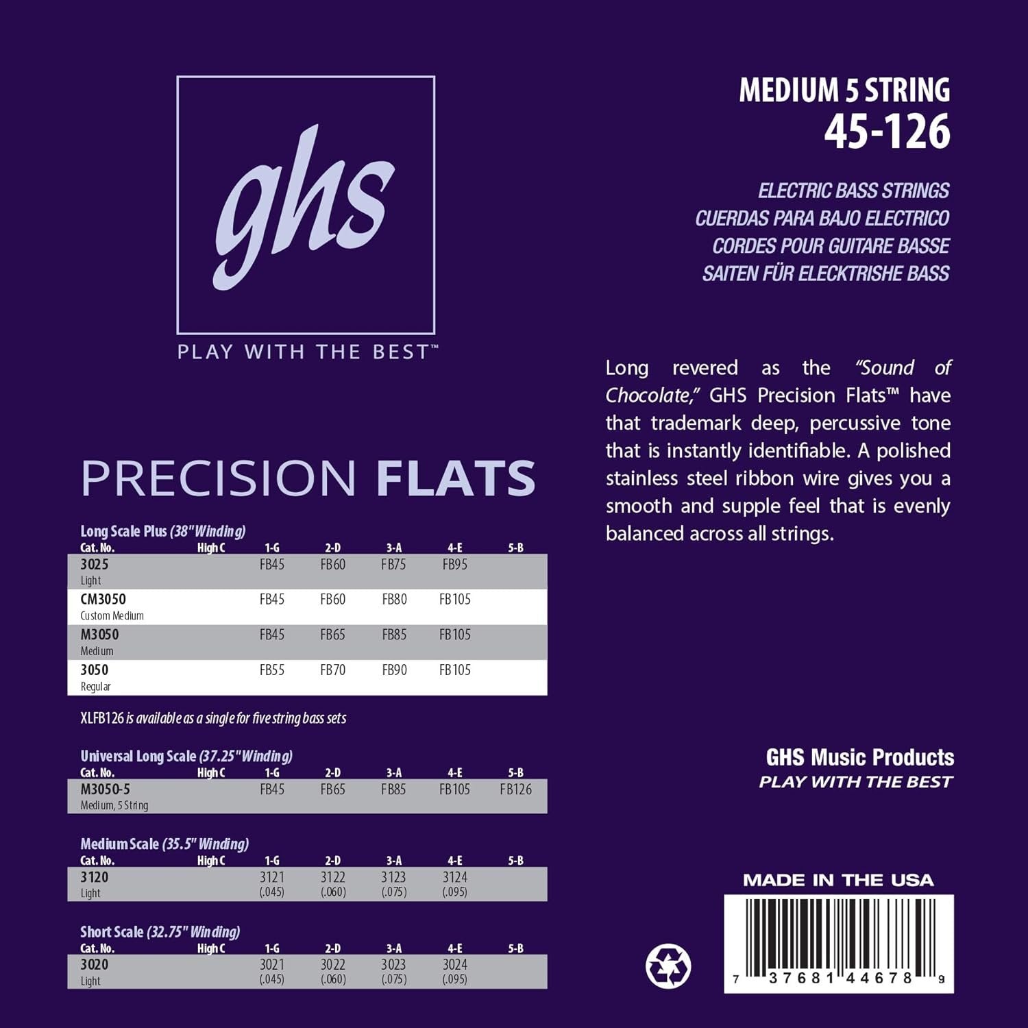 GHS Strings, 5-String Bass Precision Flats, Stainless Steel Flatwound, 37.25" Winding, Medium (45-126) (M3050-5)