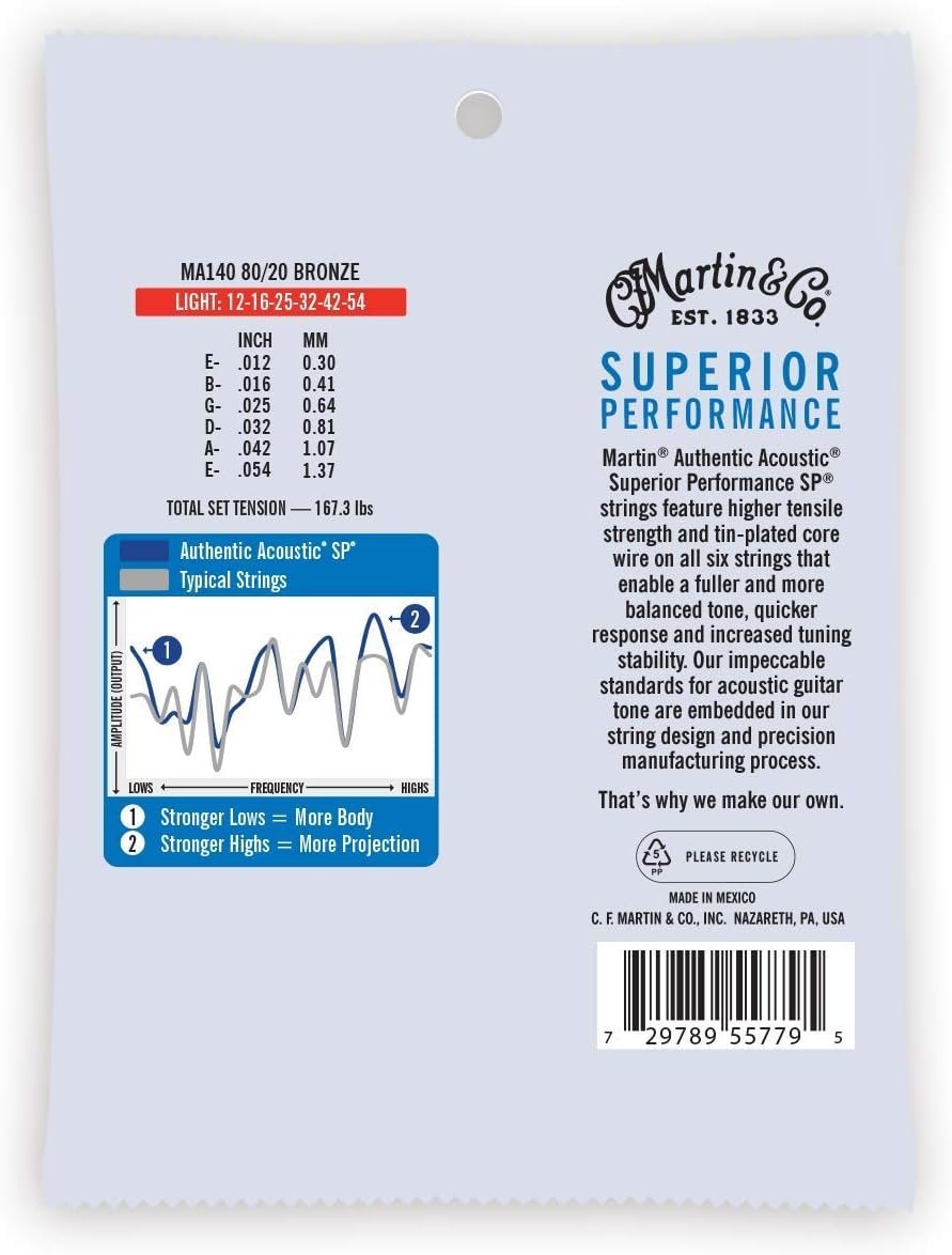 Martin Authentic Acoustic Guitar Strings, Superior Performance Light 12-54, 80/20 Bronze