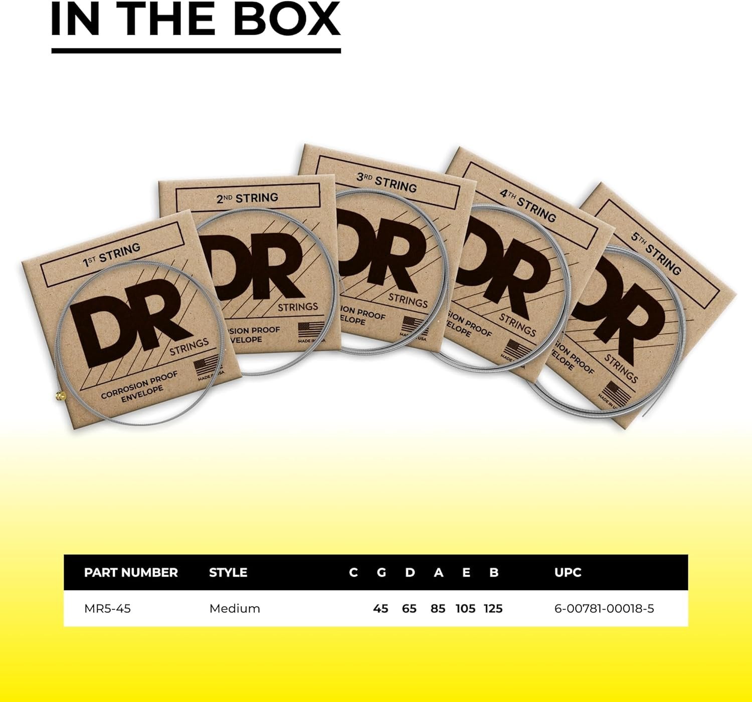 DR Strings HI-BEAMS - Stainless Steel 5-String Bass Guitar Strings, 45-125, Round Core