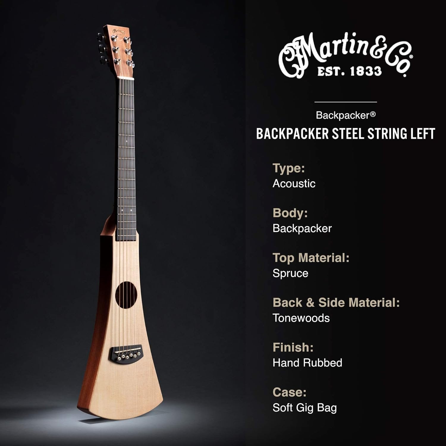 Martin Left-Handed Guitar Steel String Portable Backpack Acoustic Guitar with Soft Gig Bag, Made with Sustainable Wood Certified Parts Natural