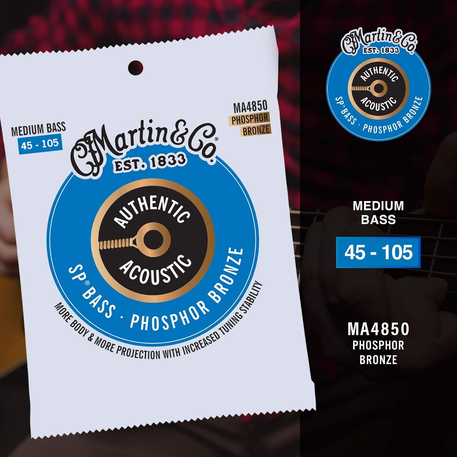 Martin Authentic Acoustic® SP® Bass Strings – Phosphor Bronze, Medium Gauge | Long-Lasting Tone, Corrosion Resistance & Tuning Stability | 4-String Acoustic Bass Set