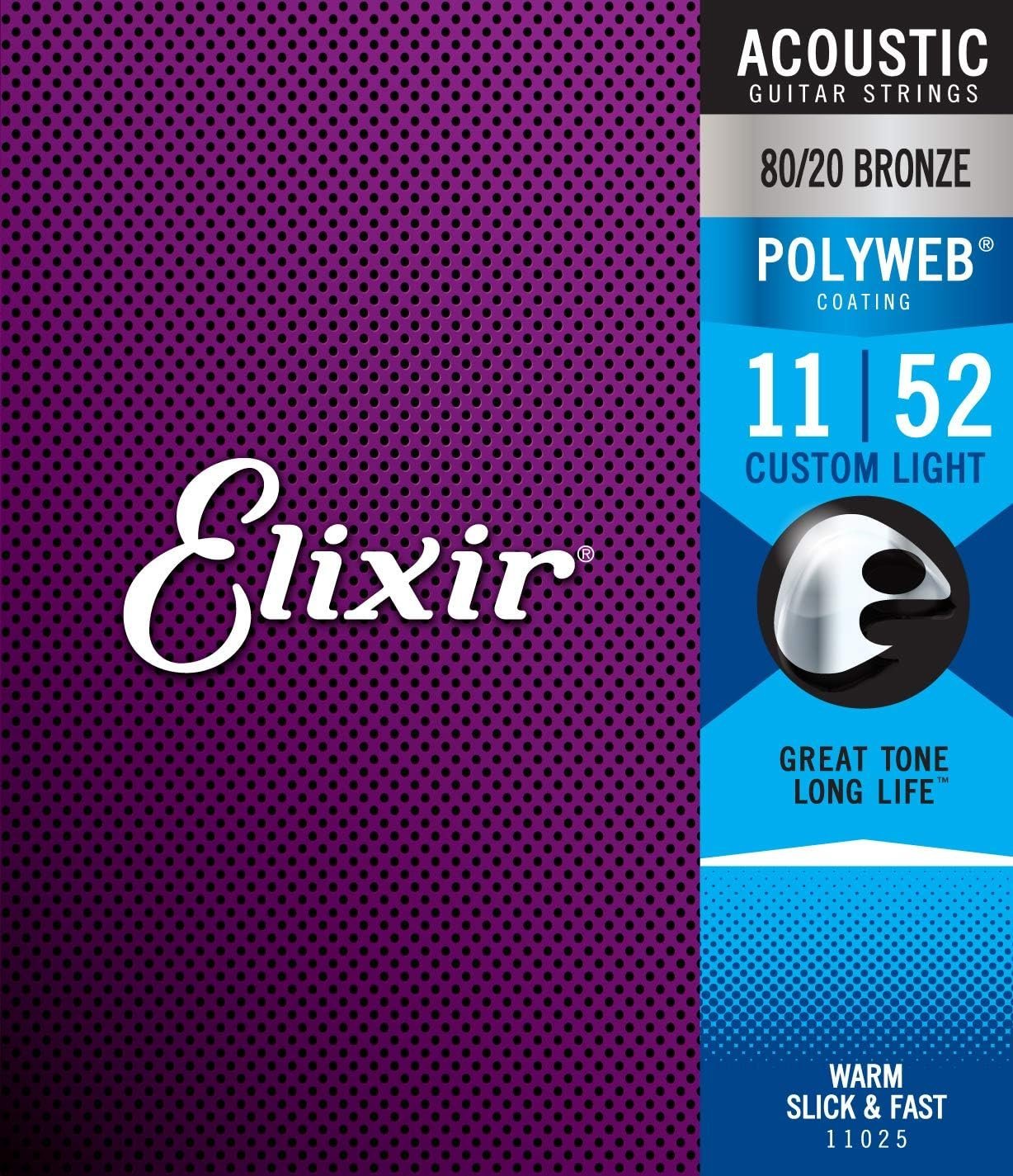 Elixir Strings 80/20 Bronze Acoustic Guitar Strings w POLYWEB Coating, Custom Light (.011-.052) 11025