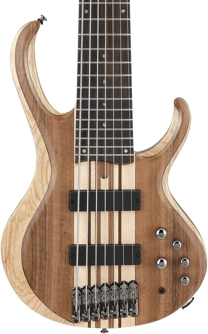 Ibanez BTB747 7 string Electric Bass Guitar with Mahogany-backed Ash Wings, Walnut Top2 Humbucking Pickups and 3-band Active EQ - Natural Flat Low Gloss