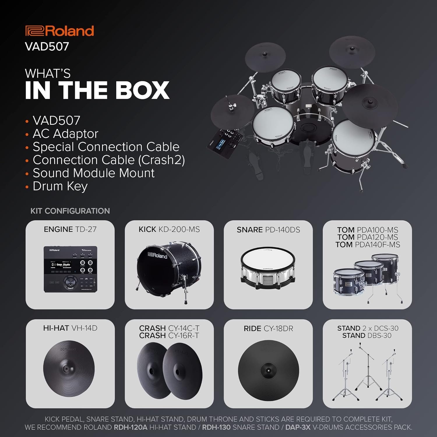 Roland VAD507 Kit with Original Full-Size V-Drums Acoustic Design Experience