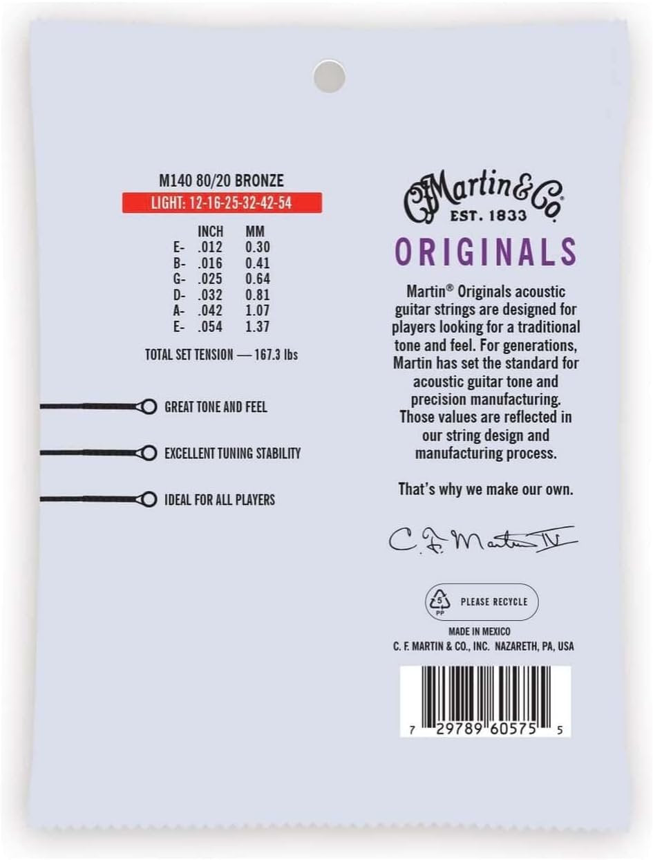 Martin Originals M140 Acoustic Guitar Strings, 80/20 Bronze Light, (41Y20M140)