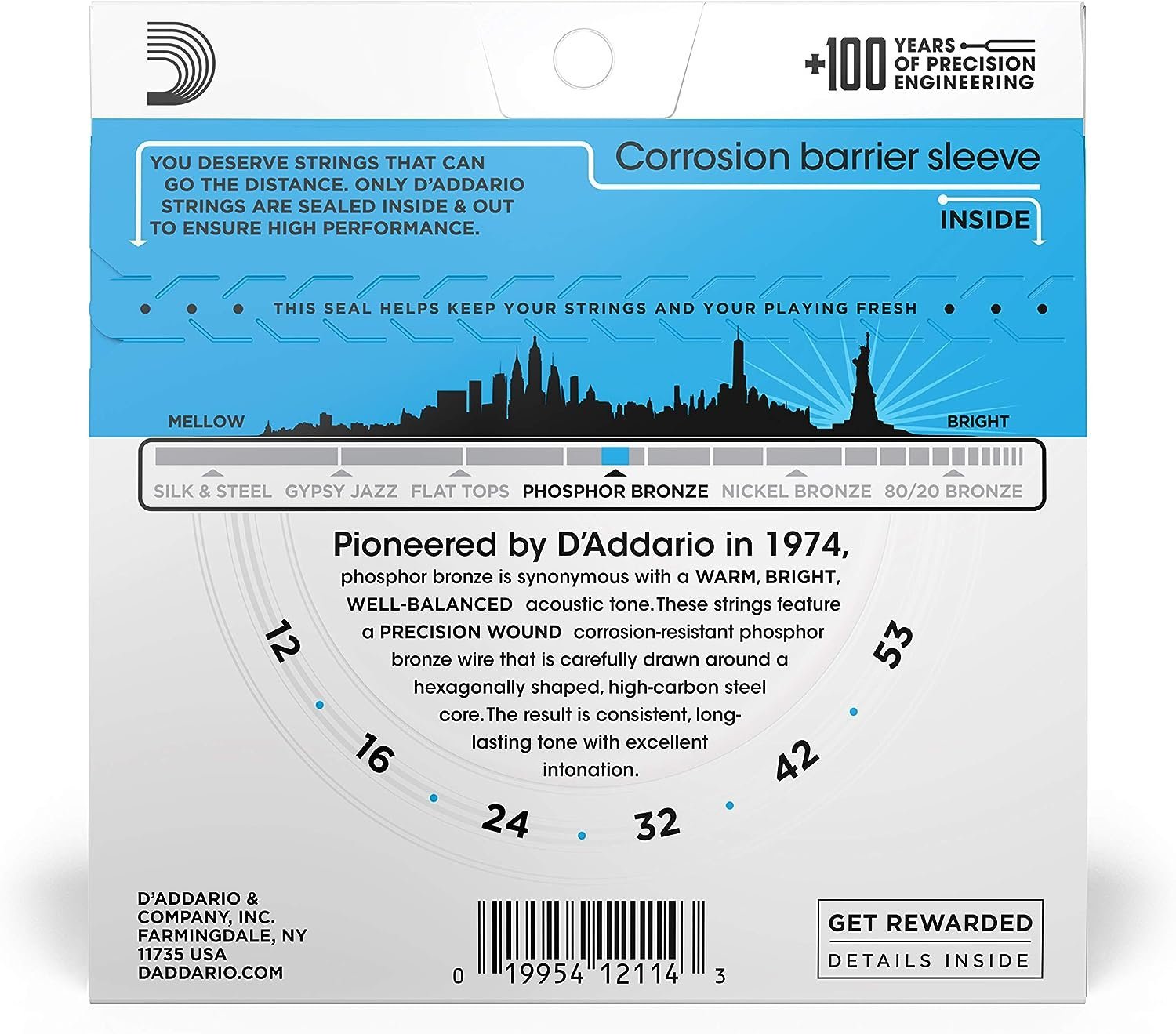 D'Addario Guitar Strings - Phosphor Bronze Acoustic Guitar Strings - EJ16 - Rich, Full Tonal Spectrum - For 6 String Guitars - 12-53 Light