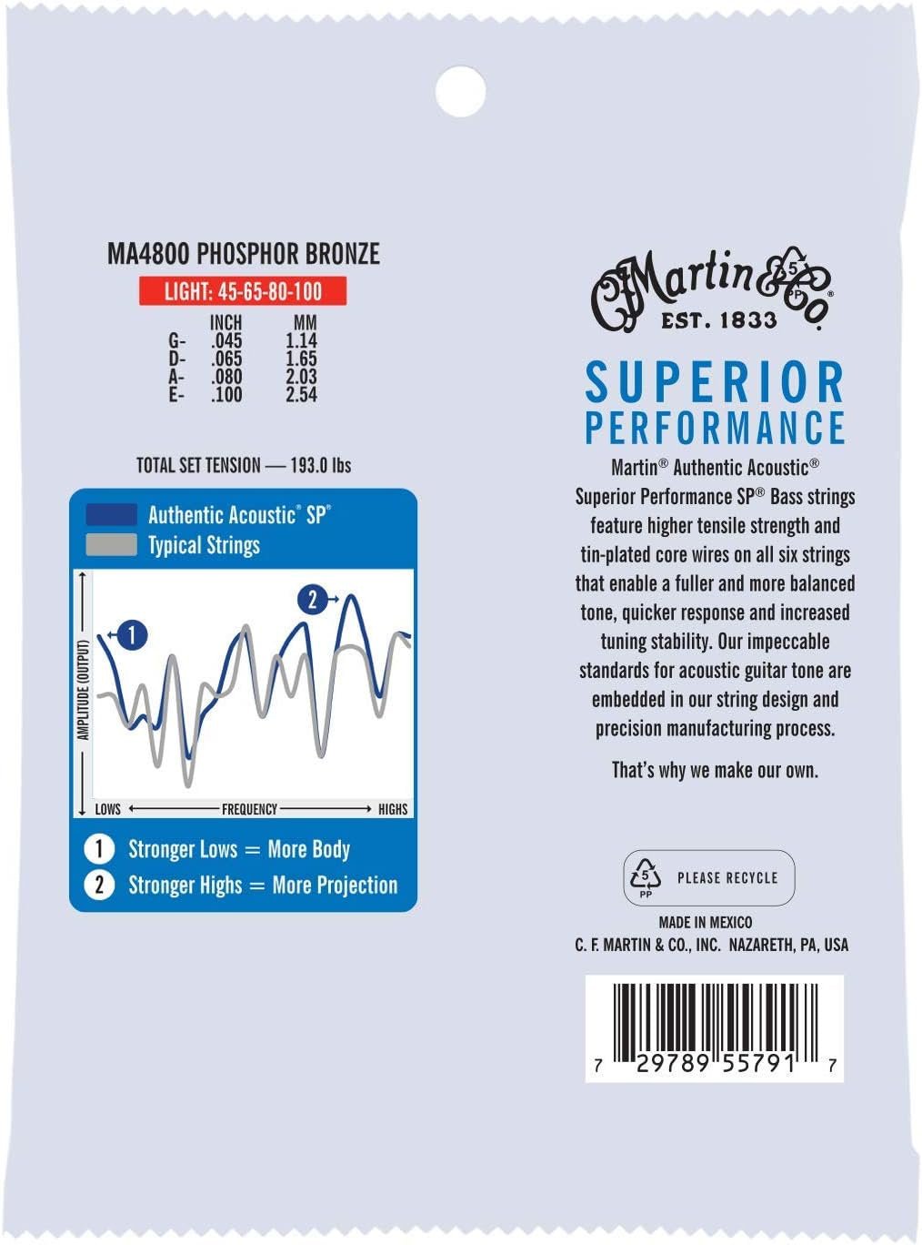 Martin Authentic Acoustic® SP® Bass Strings – Phosphor Bronze, Light Gauge | Long-Lasting Tone, Corrosion Resistance & Tuning Stability | 4-String Acoustic Bass Set
