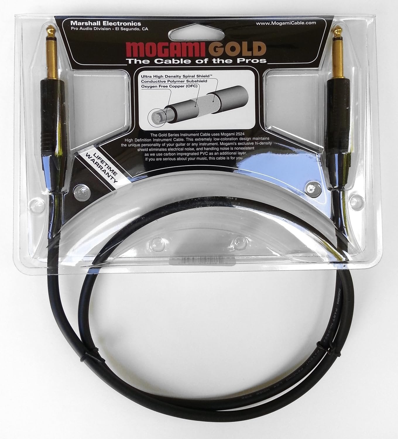 Mogami Gold INSTRUMENT-03 Guitar Instrument Cable, 1/4" TS Male Plugs, Gold Contacts, Straight Connectors, 3 Foot