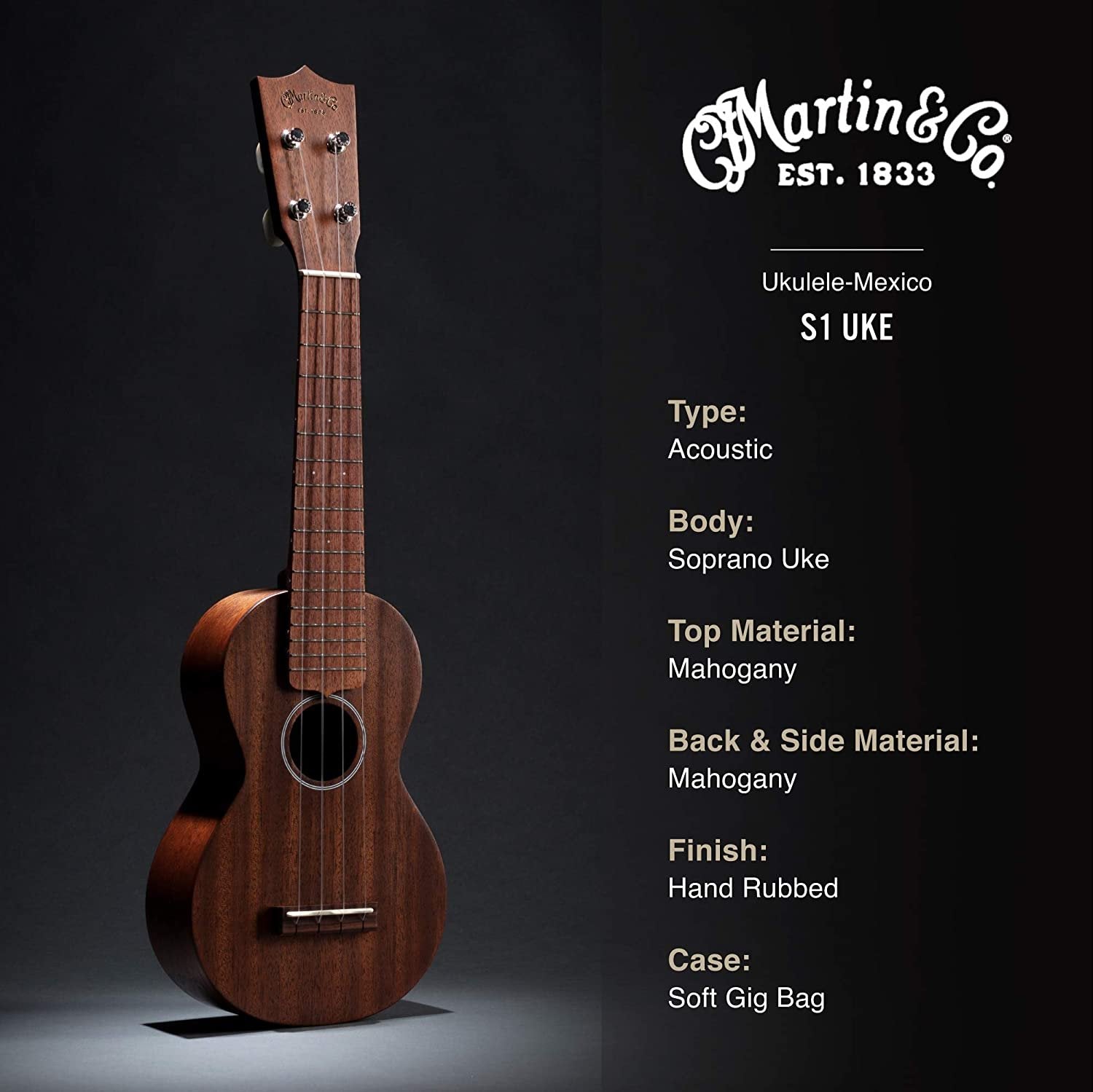 Martin Guitar S1 Acoustic Ukulele with Soft Case, Genuine Mahogany Construction, Hand-Rubbed Finish, Soprano Ukulele Neck Shape with Standard Taper