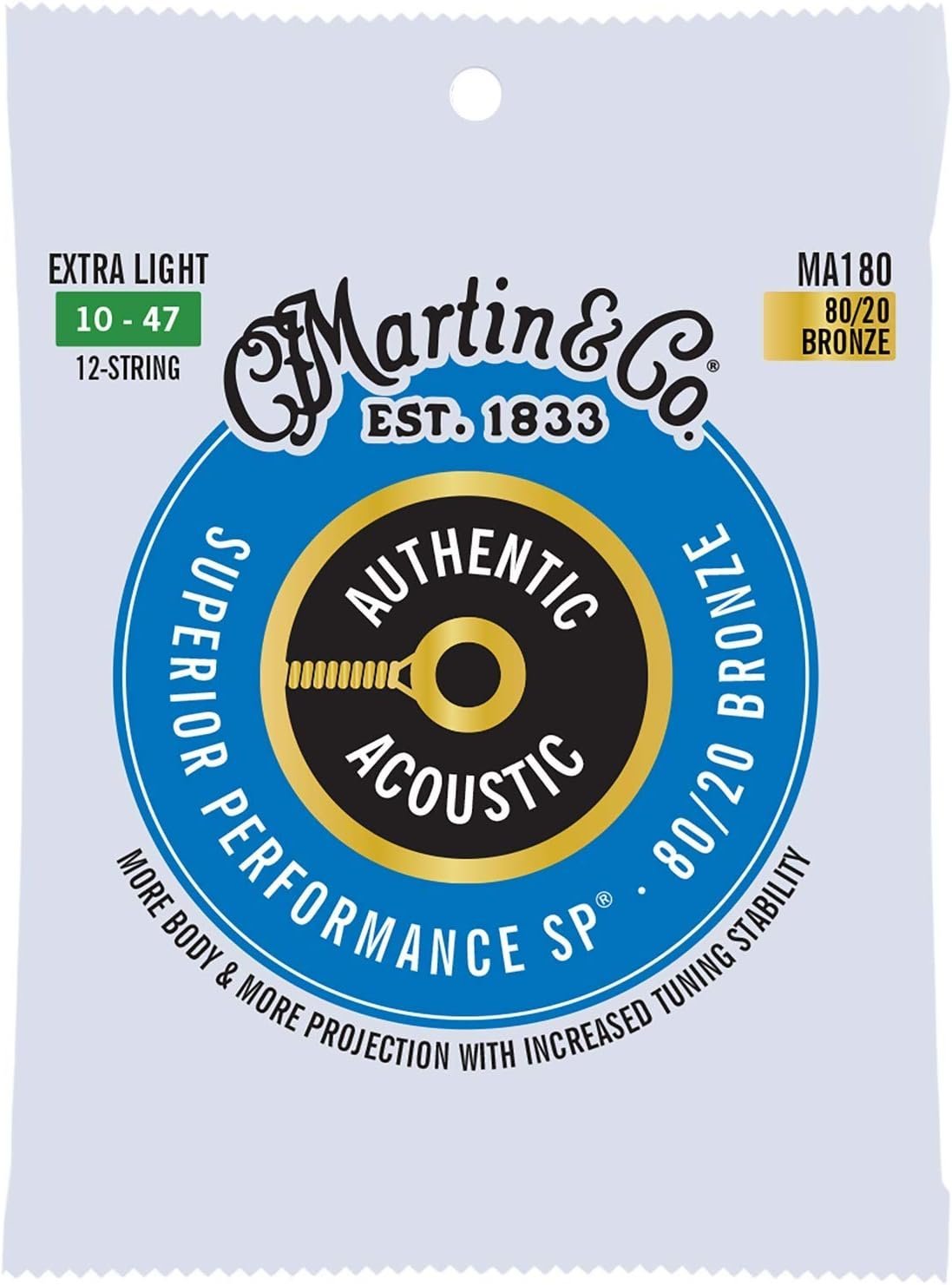 Martin Authentic Acoustic Guitar Strings, Superior Performance Extra Light 10-47, 80/20 Bronze, 12 strings