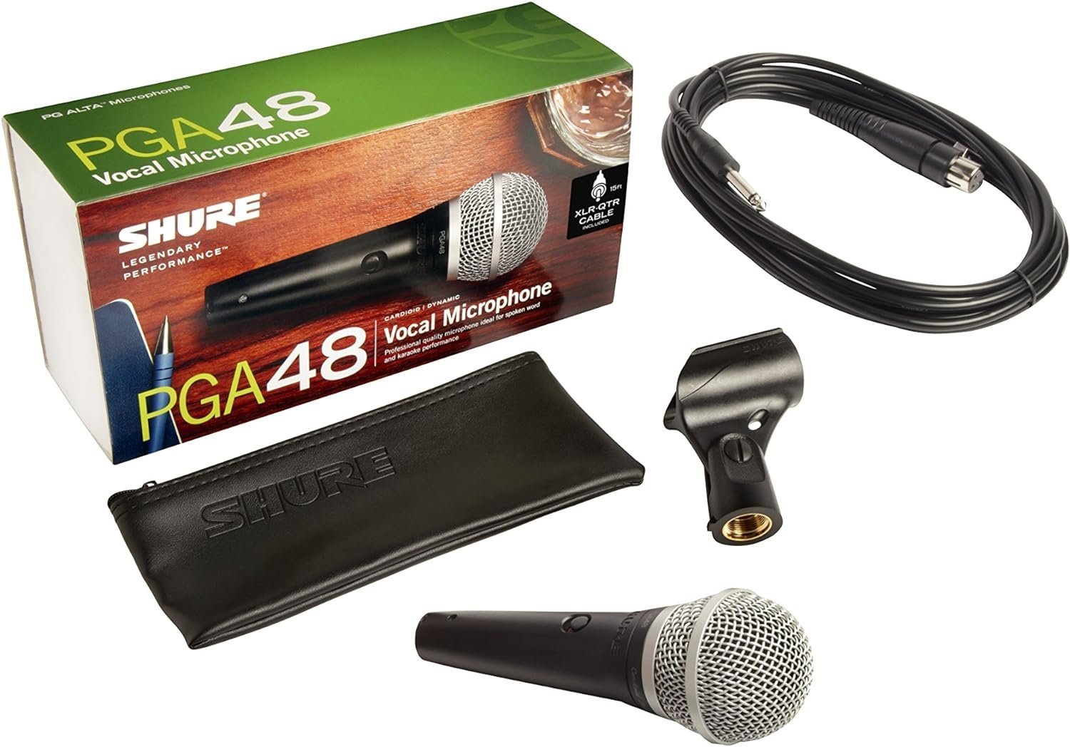 Shure PGA48 Dynamic Microphone - Handheld Mic for Vocals with Cardioid Pick-up Pattern, Discrete On/Off Switch, 3-pin XLR Connector, 15' XLR-to-QTR Cable, Stand Adapter and Zipper Pouch (PGA48-QTR)