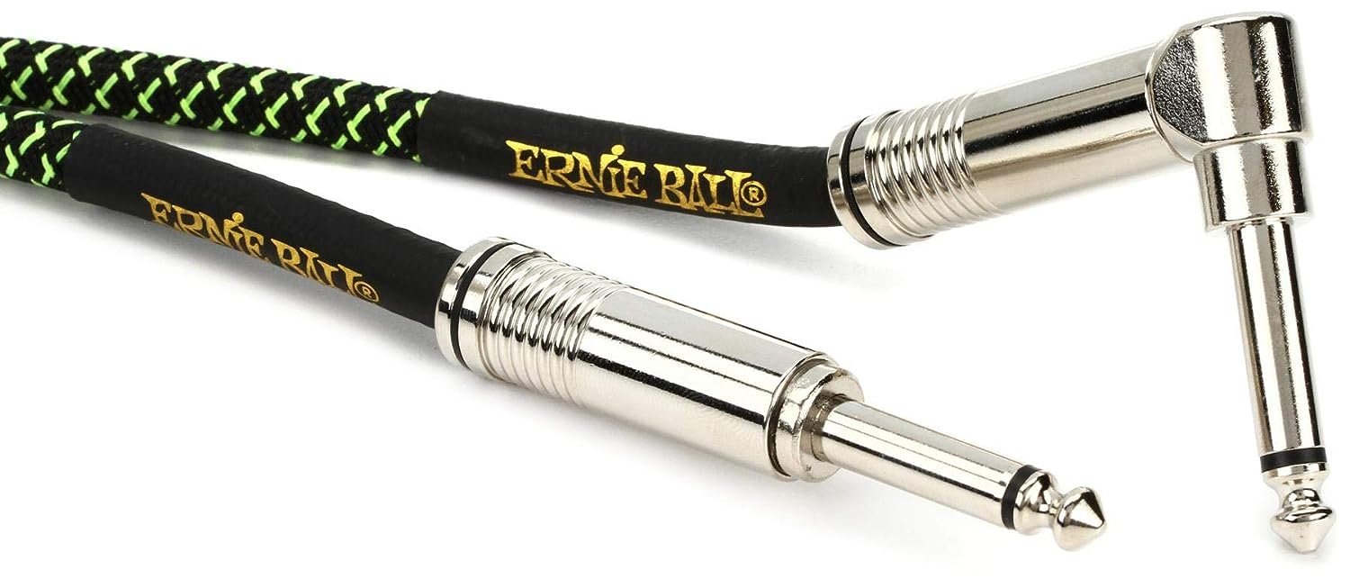 Ernie Ball Braided Instrument Cable, Straight/Angle, 18ft, Neon Green/Black (P06082)