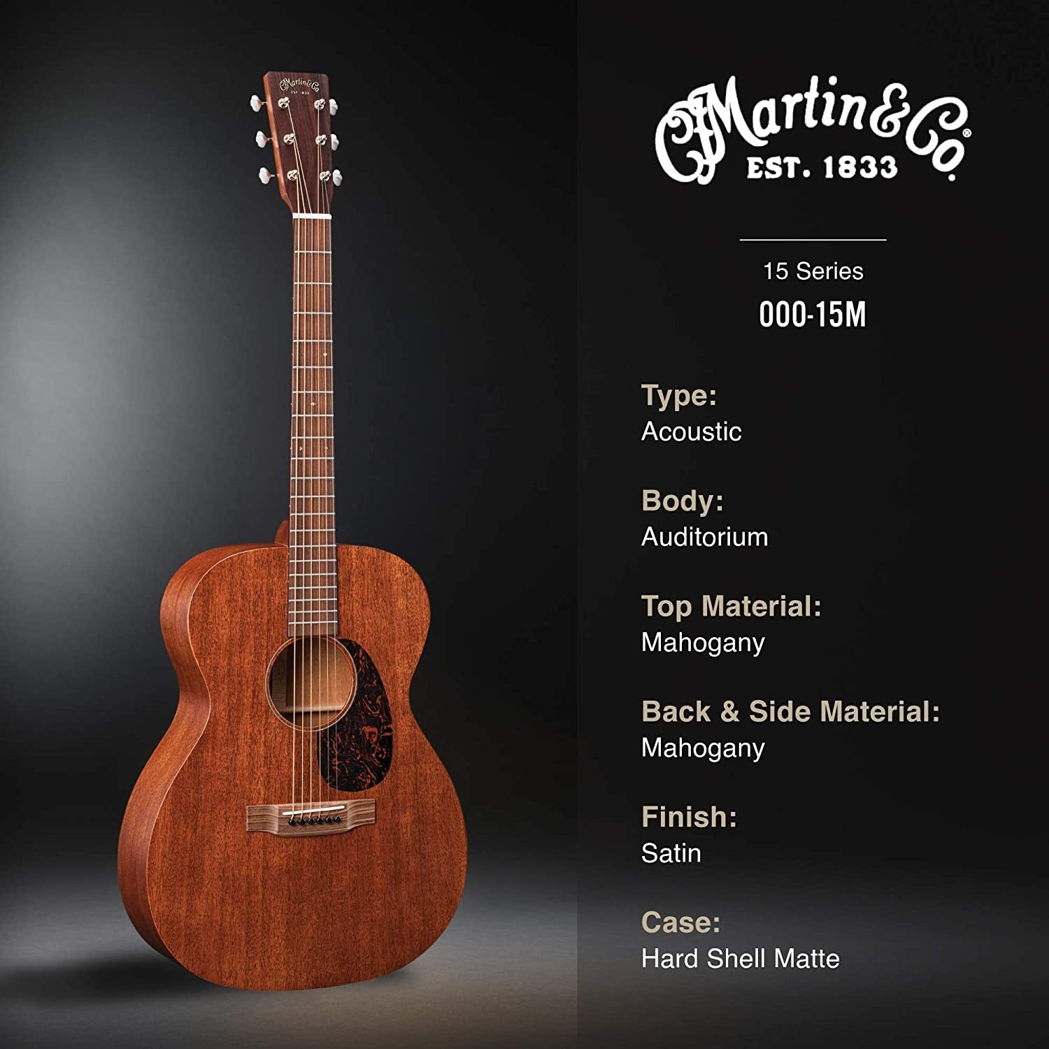 Martin Guitar 000-15M with Gig Bag, Acoustic Guitar for the Working Musician, Mahogany Construction, Satin Finish, 000-14 Fret, and Low Oval Neck Shape